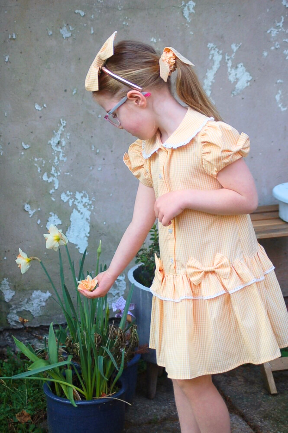 Yellow Gingham Double Bow Dropped Waist School Dress