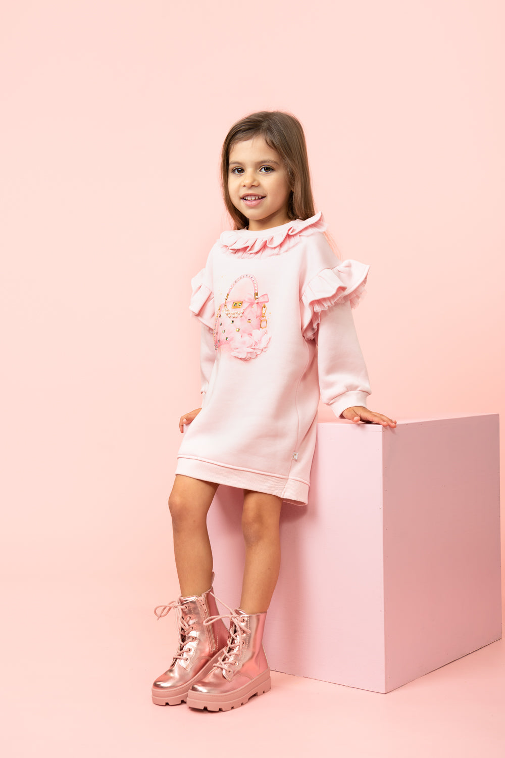 Pink Ruffled Long-Sleeve Jumper Dress (5-9 years)