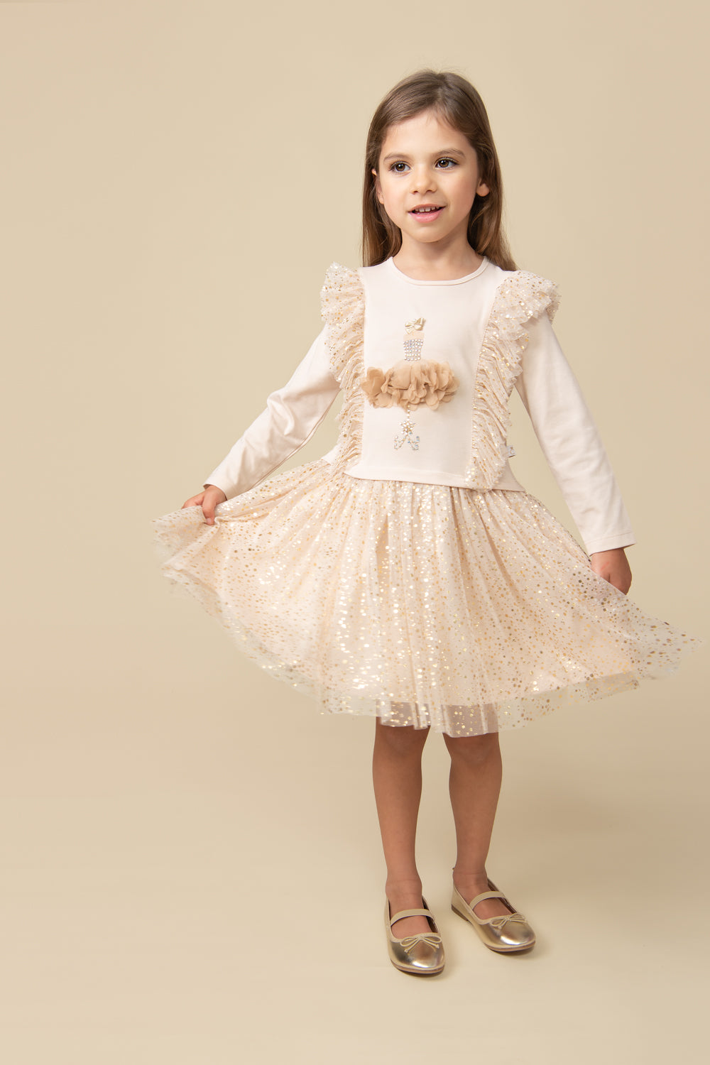 Mink Glittery Dress with Floral 3D Embellishments (5-9 years)