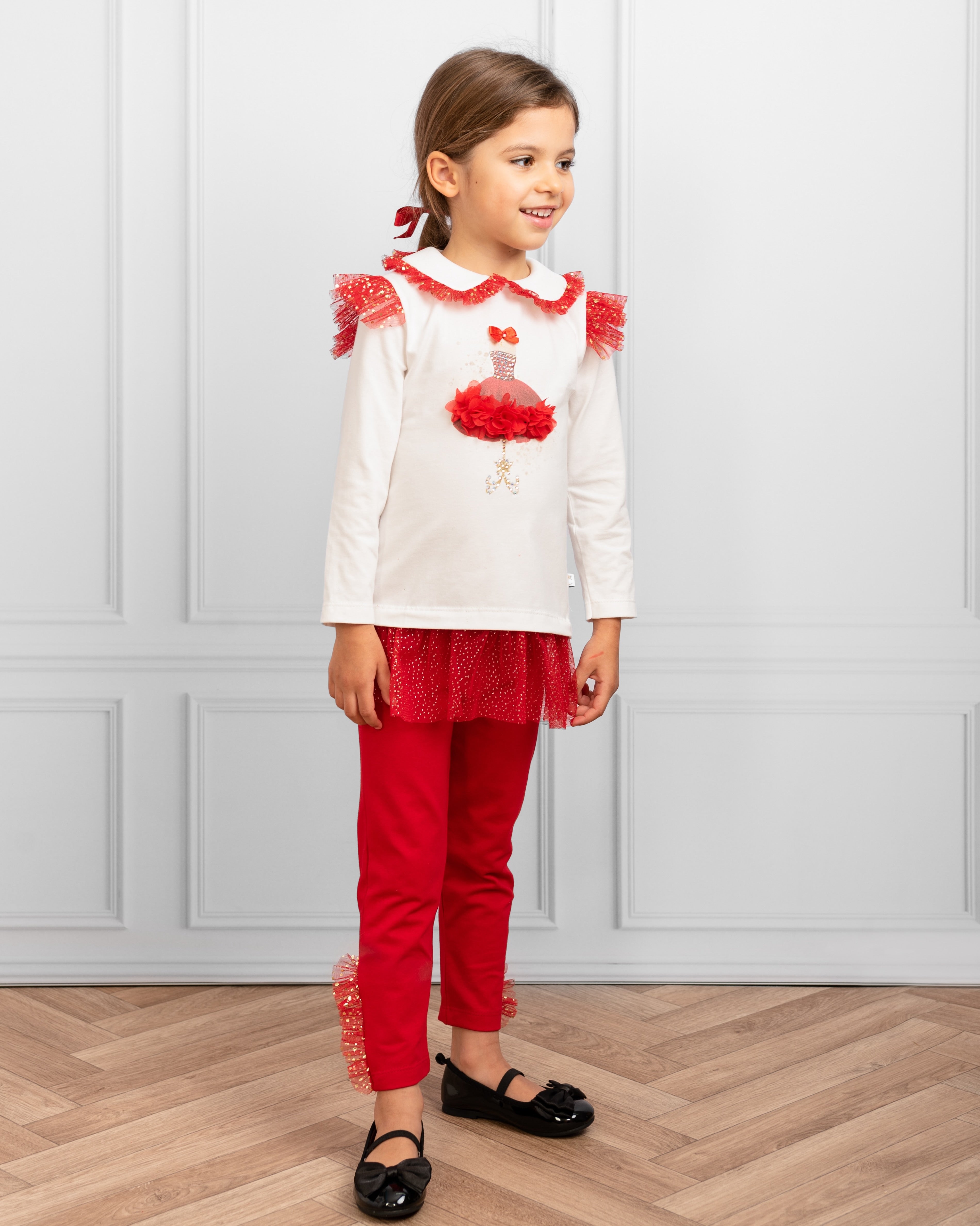 Red Glittery Leggings Set with 3D Floral Details (1-4 years)