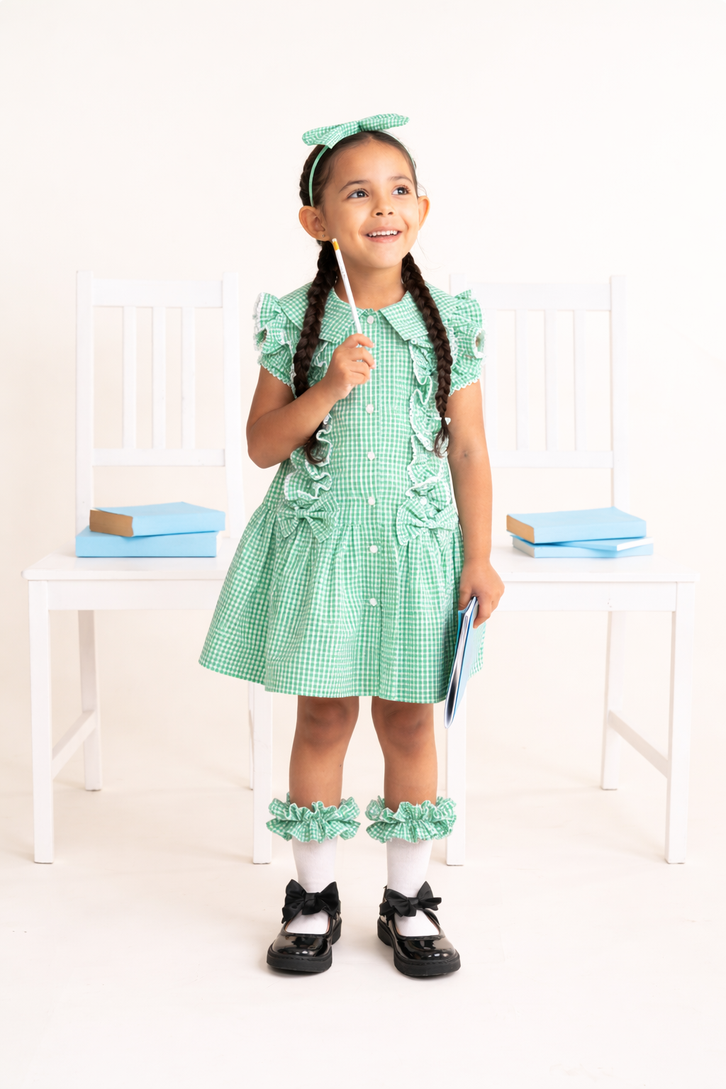 Green Gingham Ruffle Summer School Dress with Bows