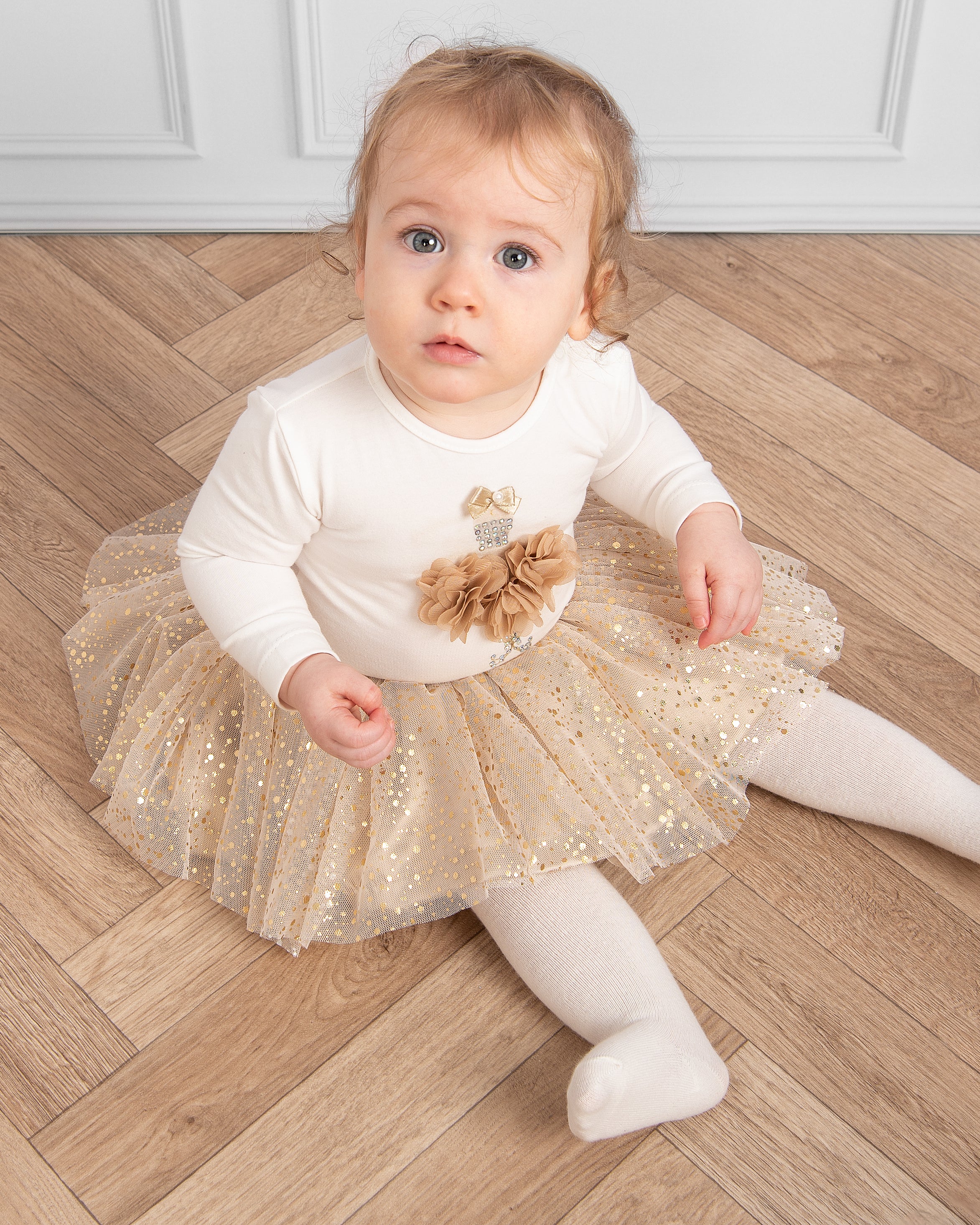 Mink Glittery Skirt and Bodysuit Set with Floral 3D Embellishments (0-18 months)