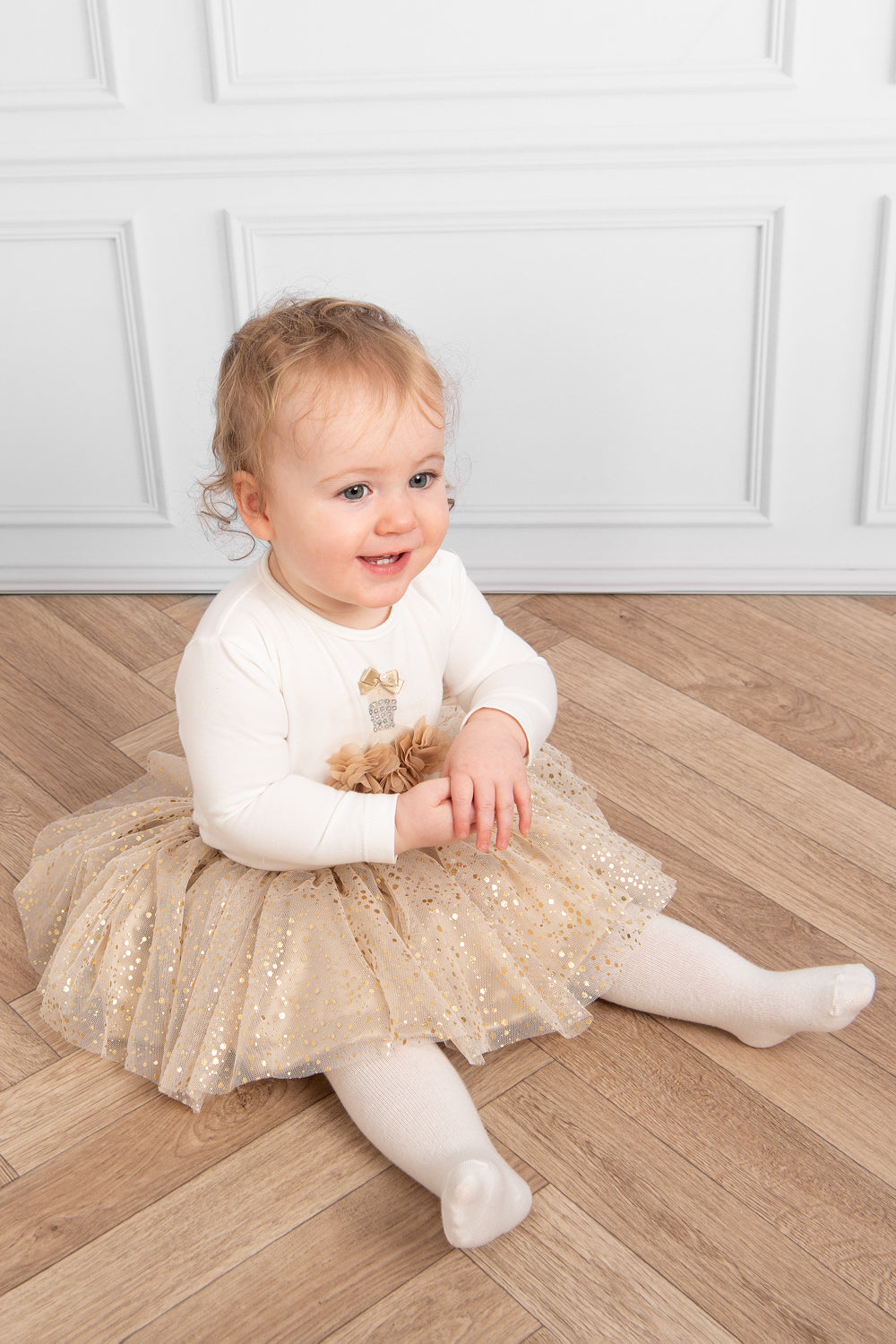 Mink Glittery Skirt and Bodysuit Set with Floral 3D Embellishments (0-18 months)