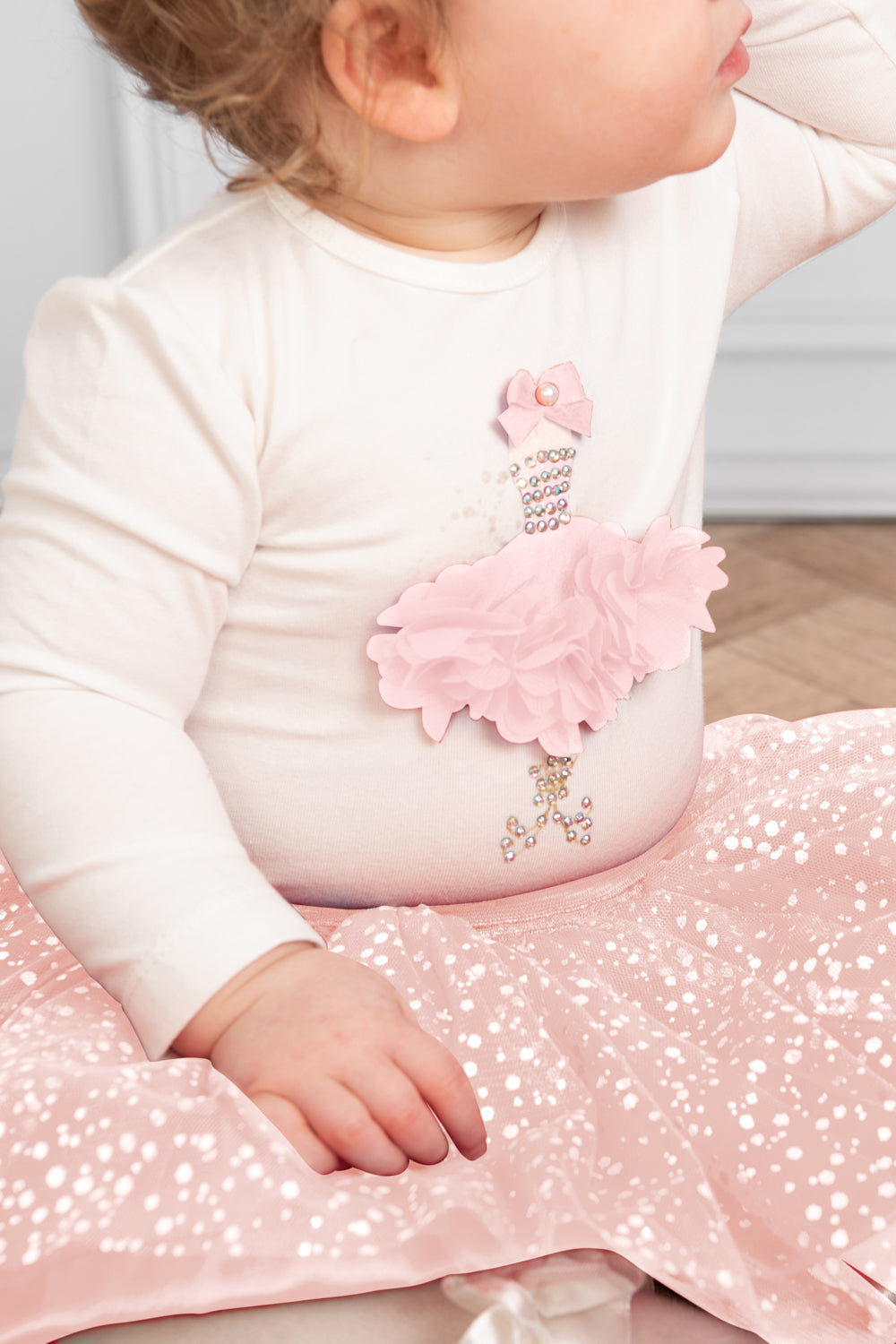 Pink Glittery Skirt and Bodysuit Set with Floral 3D Embellishments (0-18 months)