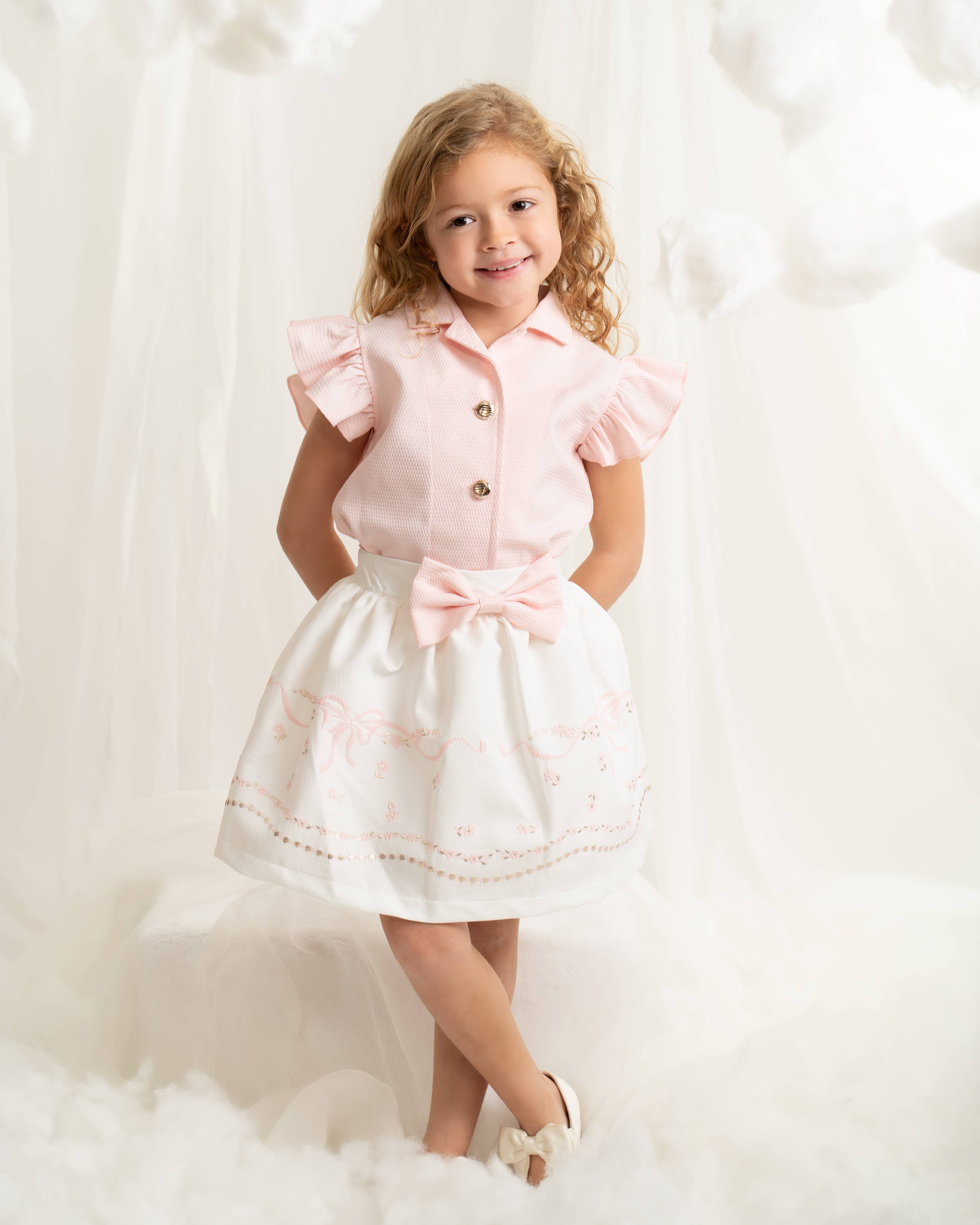 Pink Ruffle Top and Bow Detail Skirt Set