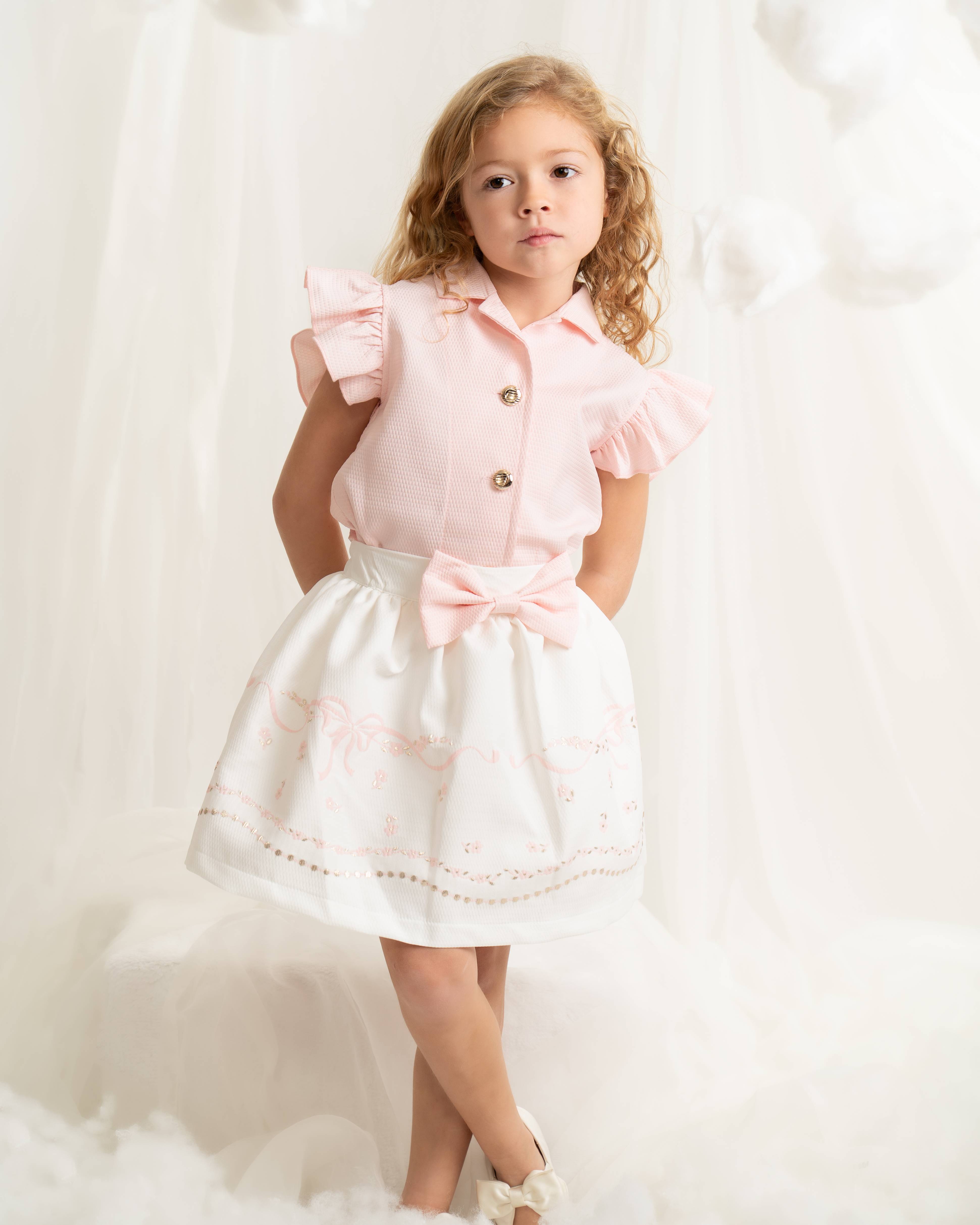 Pink Ruffle Top and Bow Detail Skirt Set