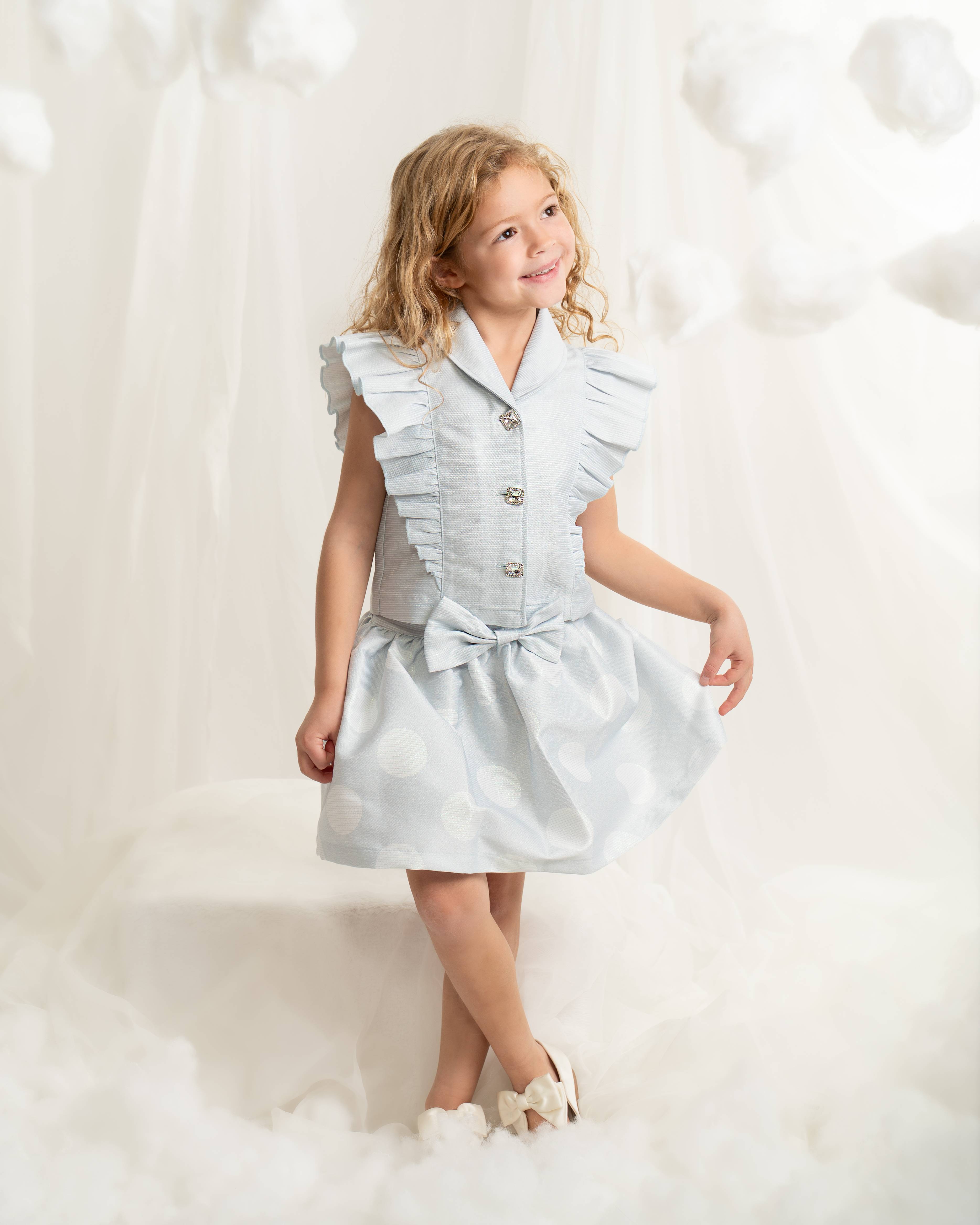 Sky Blue Ruffle Top and Polka-dot Skirt Set