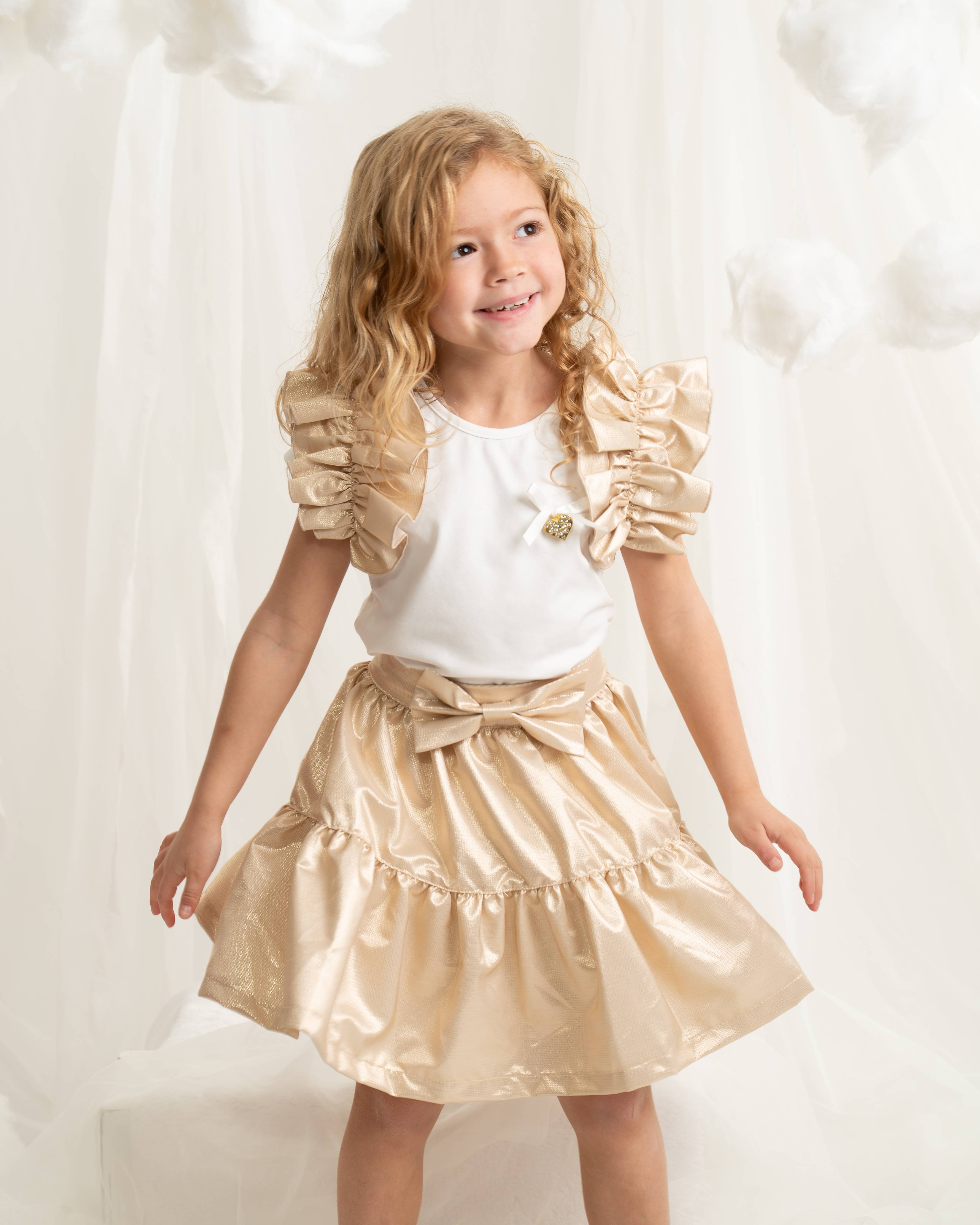 Ivory Top with Gold Ruffle Sleeves and Skirt Set