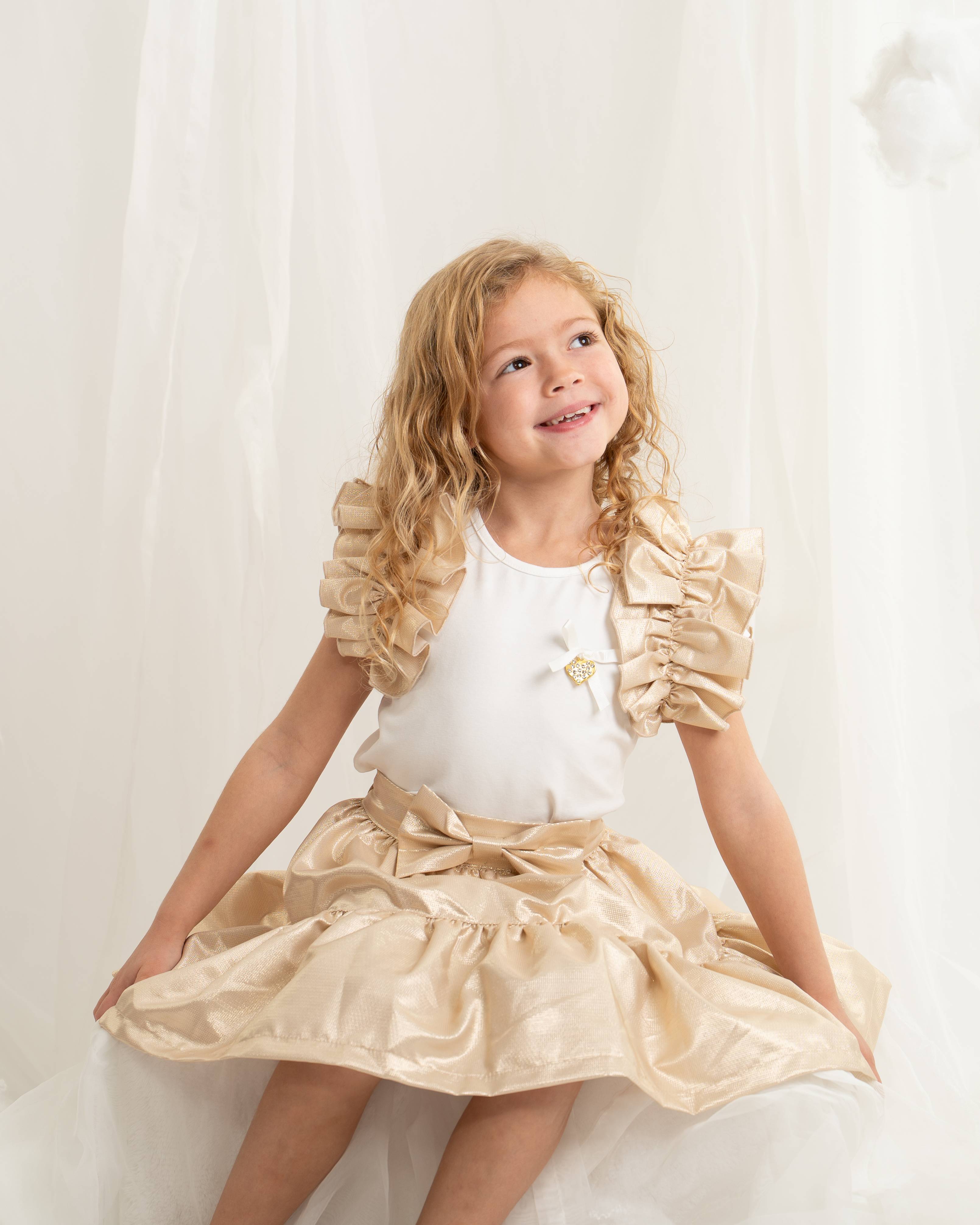 Ivory Top with Gold Ruffle Sleeves and Skirt Set