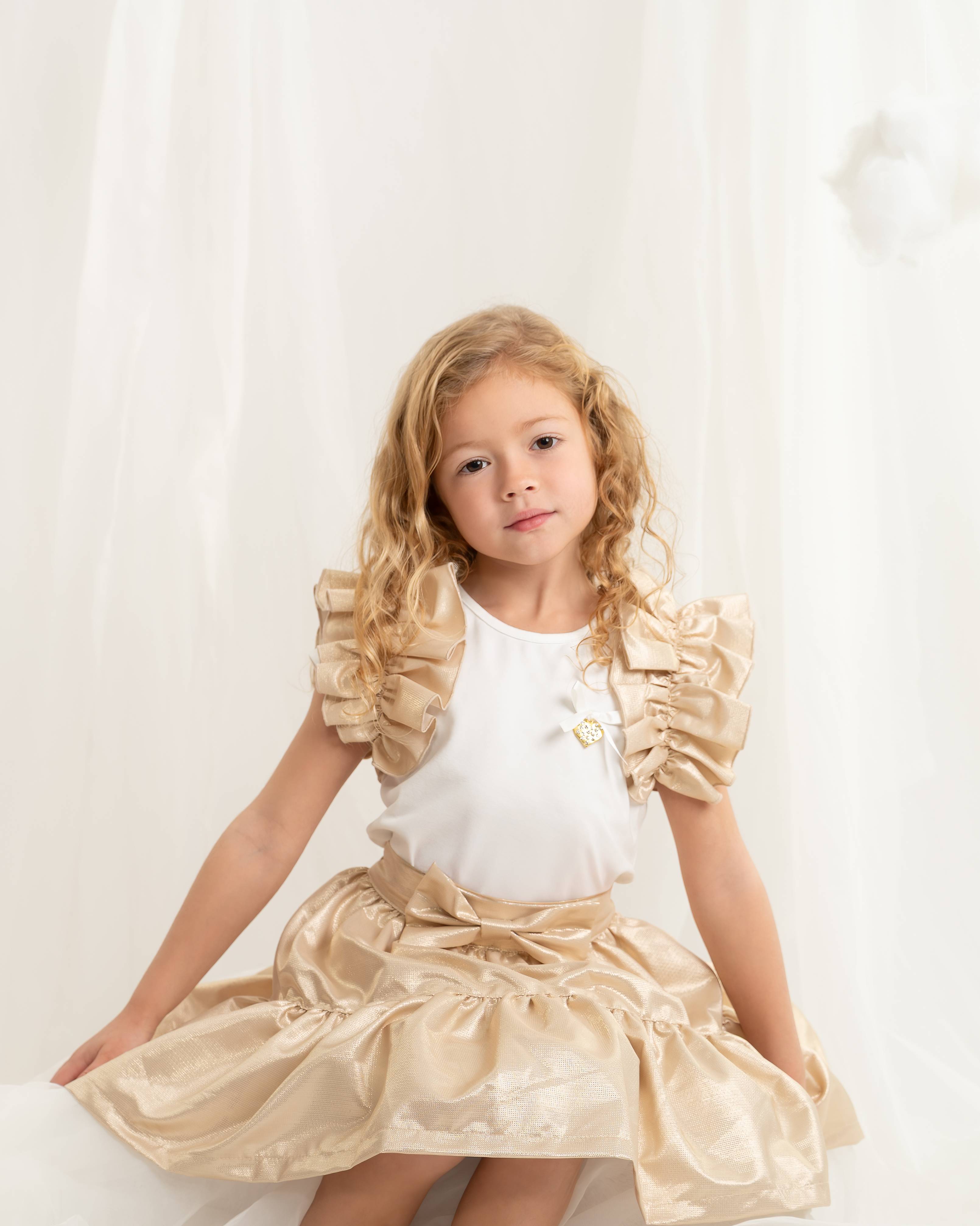 Ivory Top with Gold Ruffle Sleeves and Skirt Set