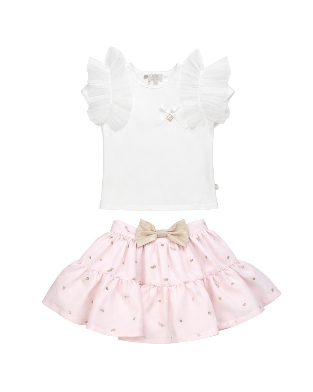 White Ruffle Sleeve Top and Pink Tiered Skirt Set