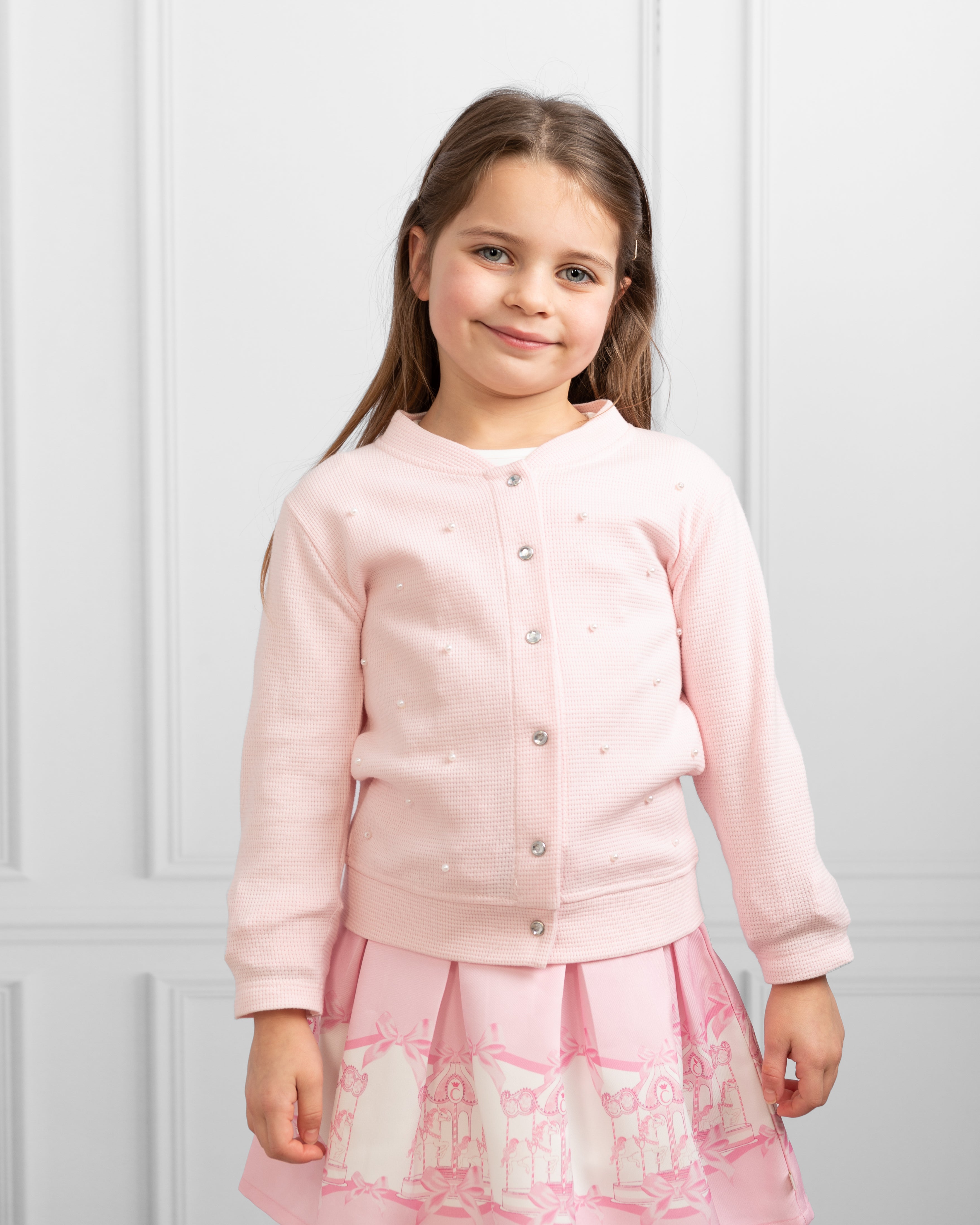 Pink Long-Sleeve Pearl Embellished Button-Up Cardigan