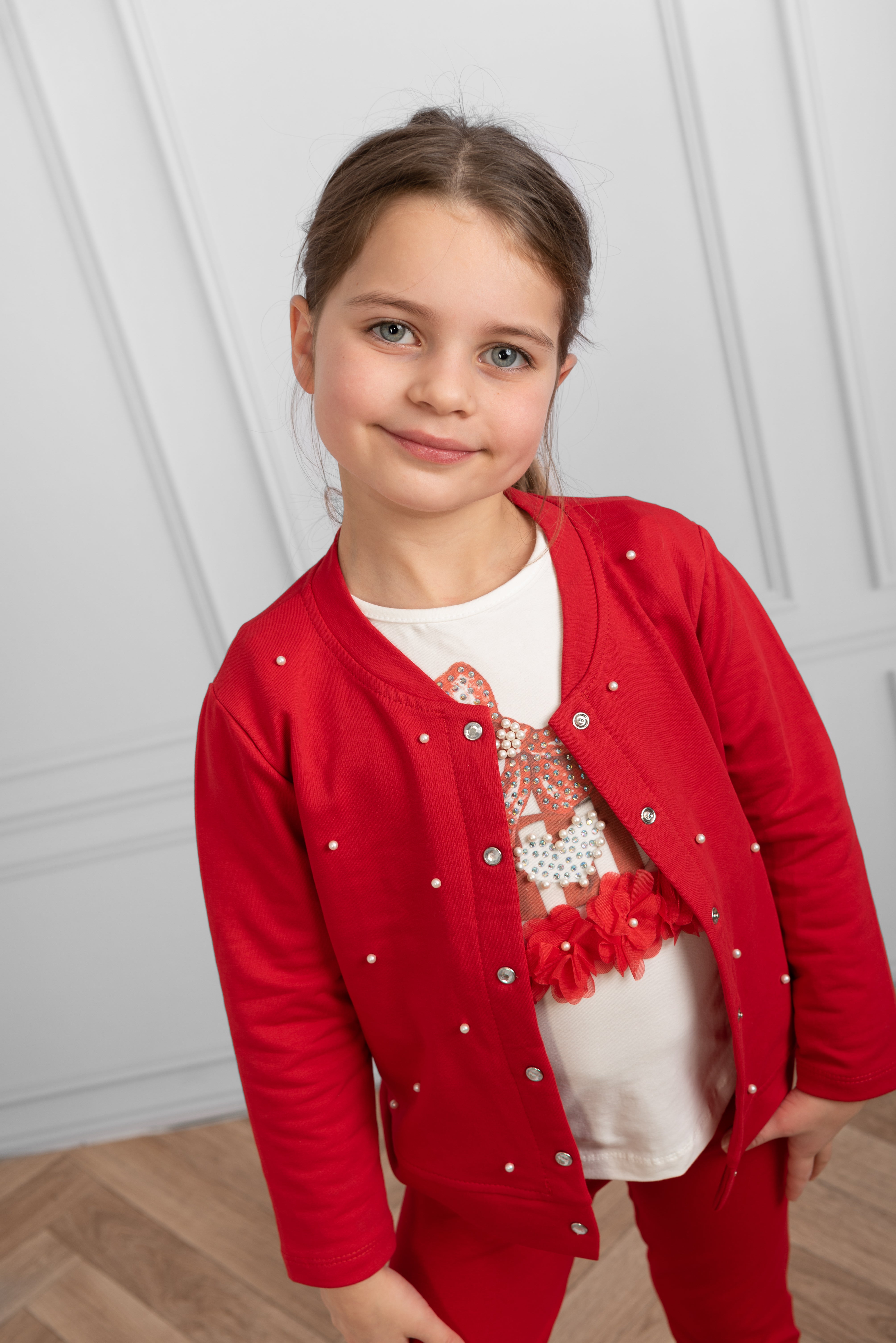 Red Long-Sleeve Pearl Embellished Button-Up Cardigan