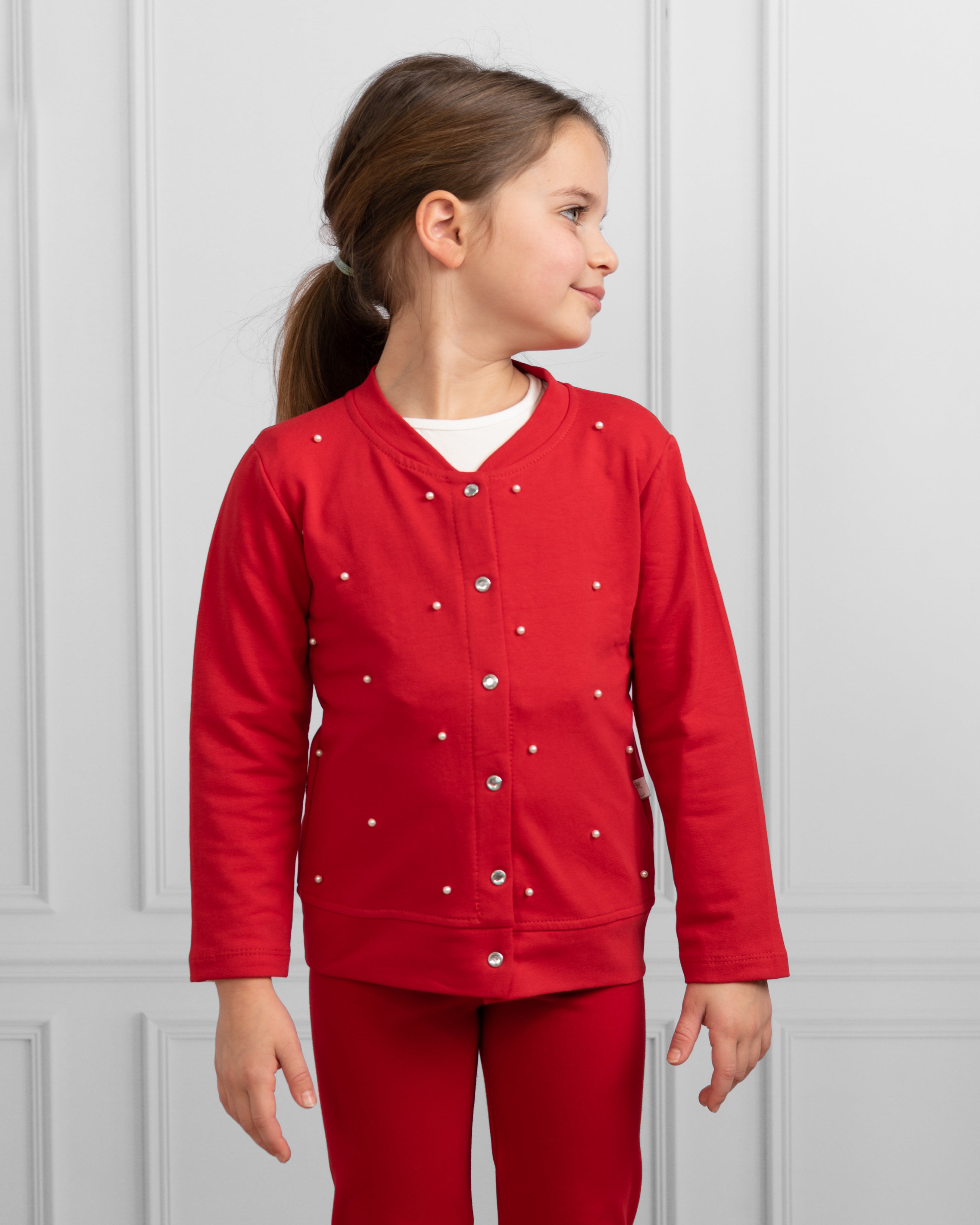 Red Long-Sleeve Pearl Embellished Button-Up Cardigan