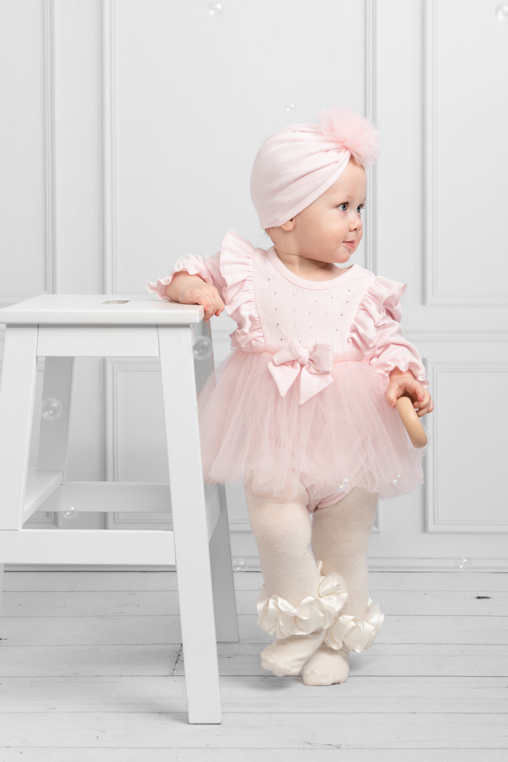 Pink Baby Dress Romper with Frilly Tulle Skirt and Matching Turban