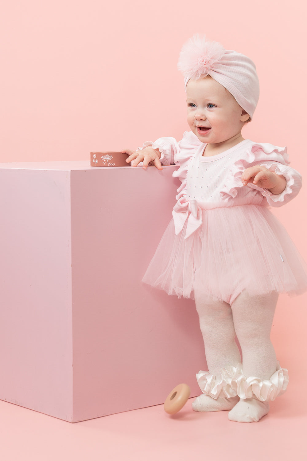 Pink Baby Dress Romper with Frilly Tulle Skirt and Matching Turban