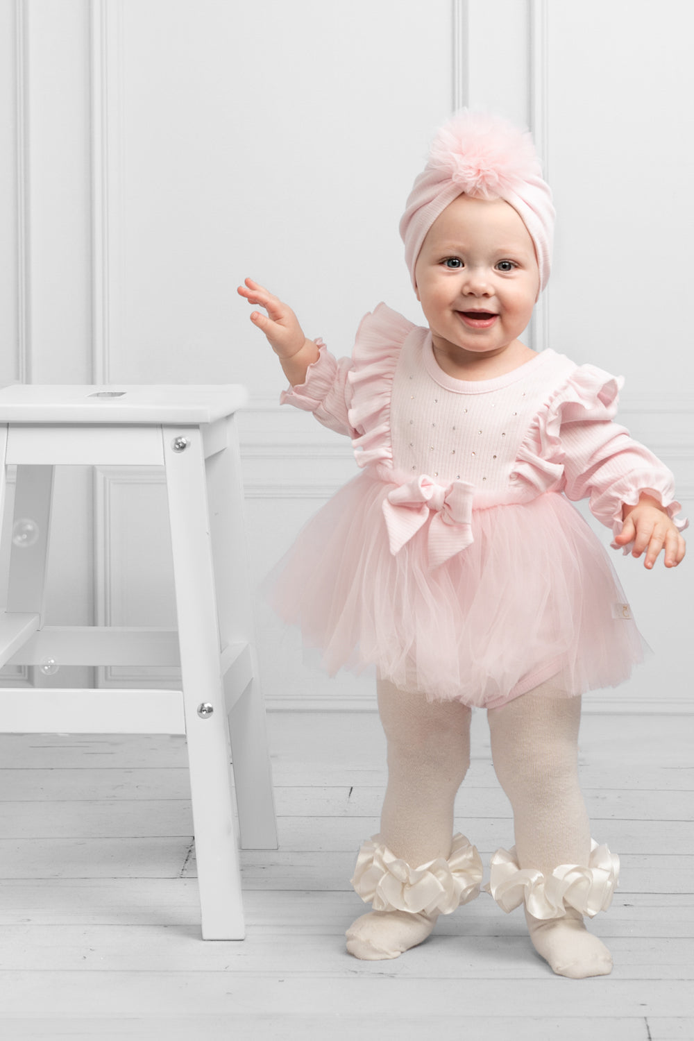 Pink Baby Dress Romper with Frilly Tulle Skirt and Matching Turban