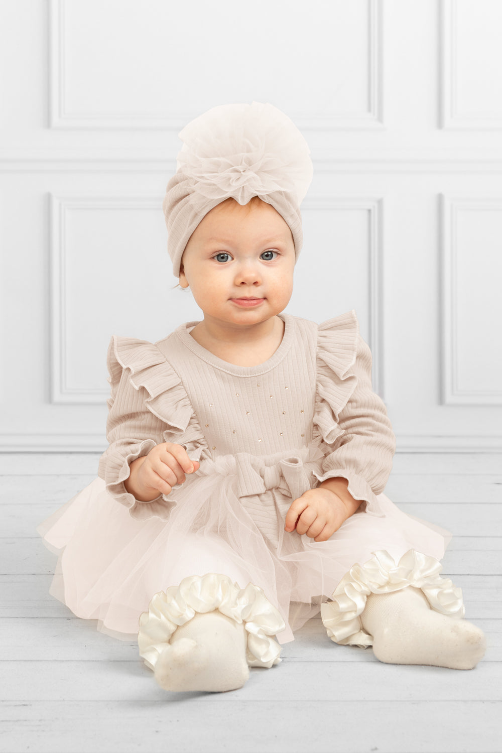 Mink Baby Dress Romper with Tulle Skirt and Matching Turban
