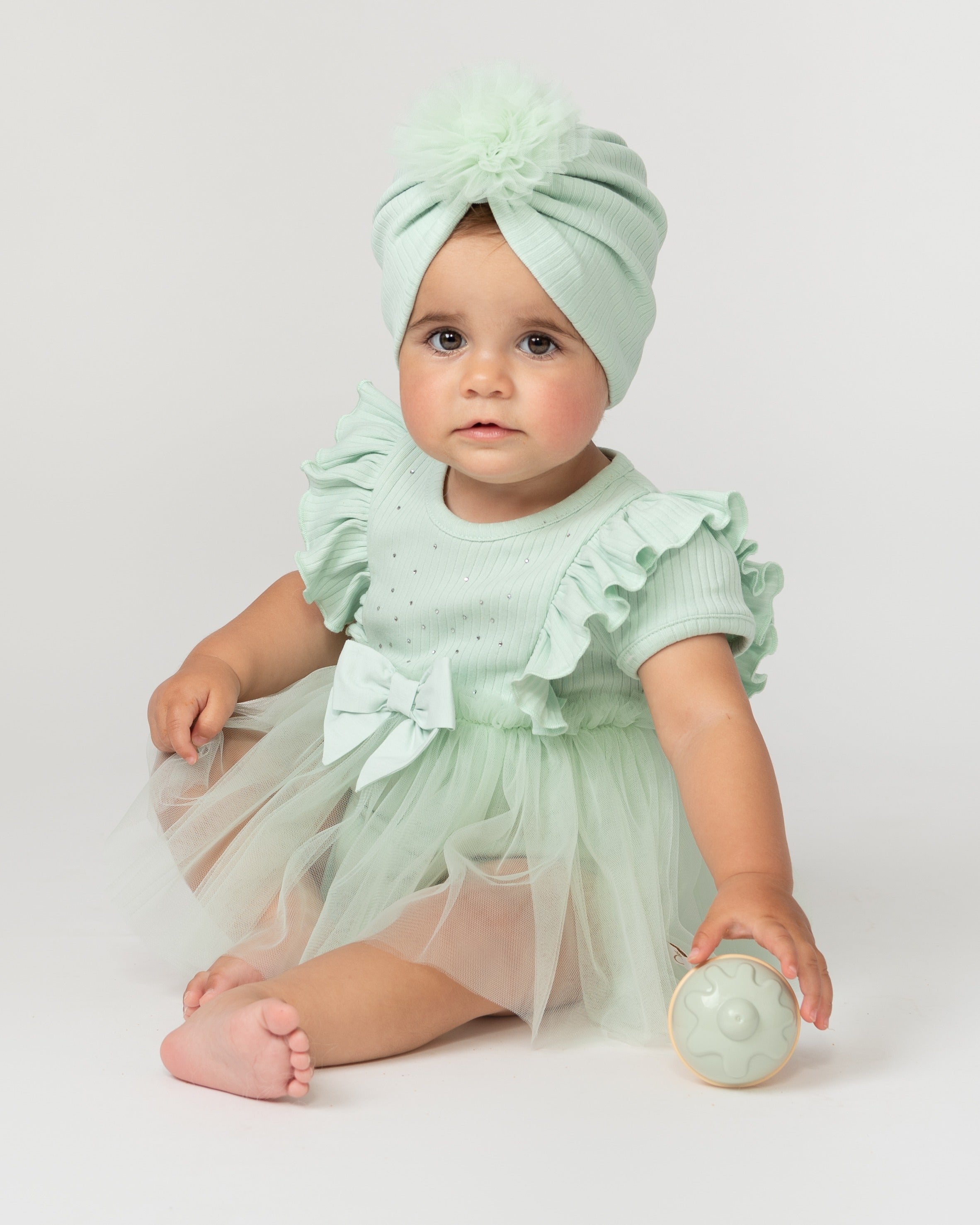 Mint Tulle Baby Romper with Diamantes and Matching Hat