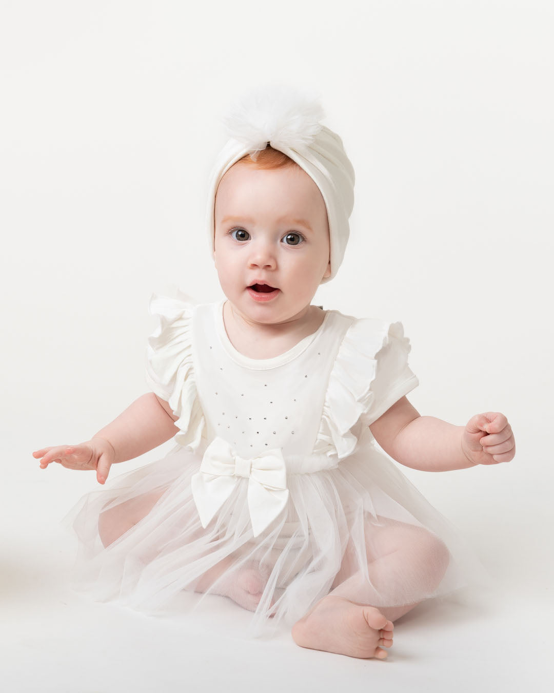 Ivory Tulle Baby Romper with Diamantes and Matching Hat