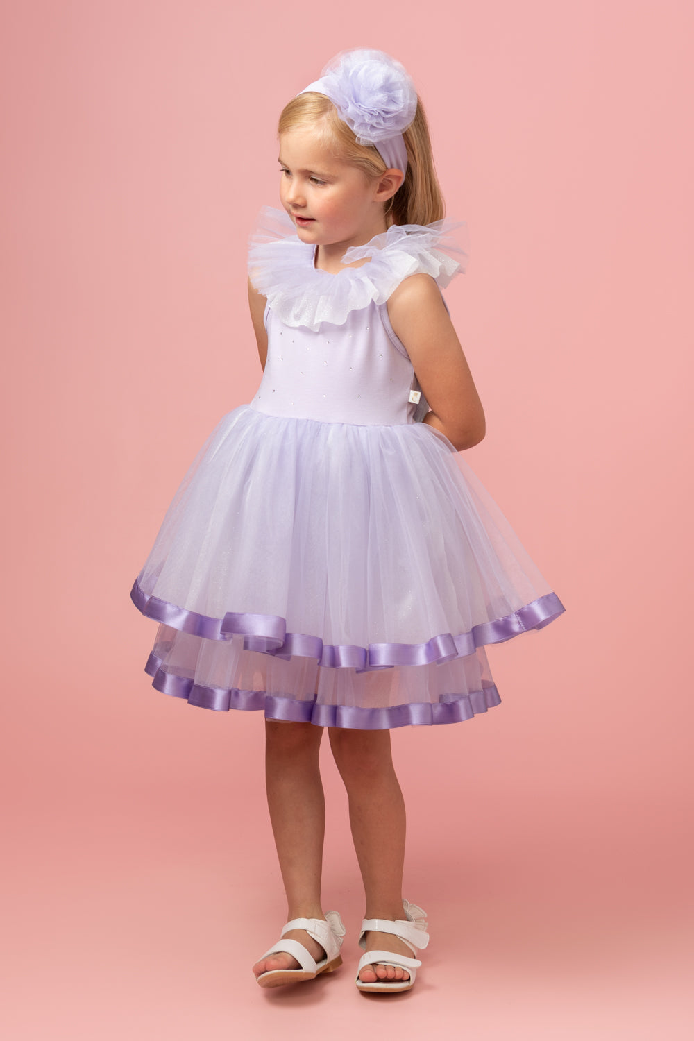 Lilac Tulle Dress with Satin Trim and Diamantes