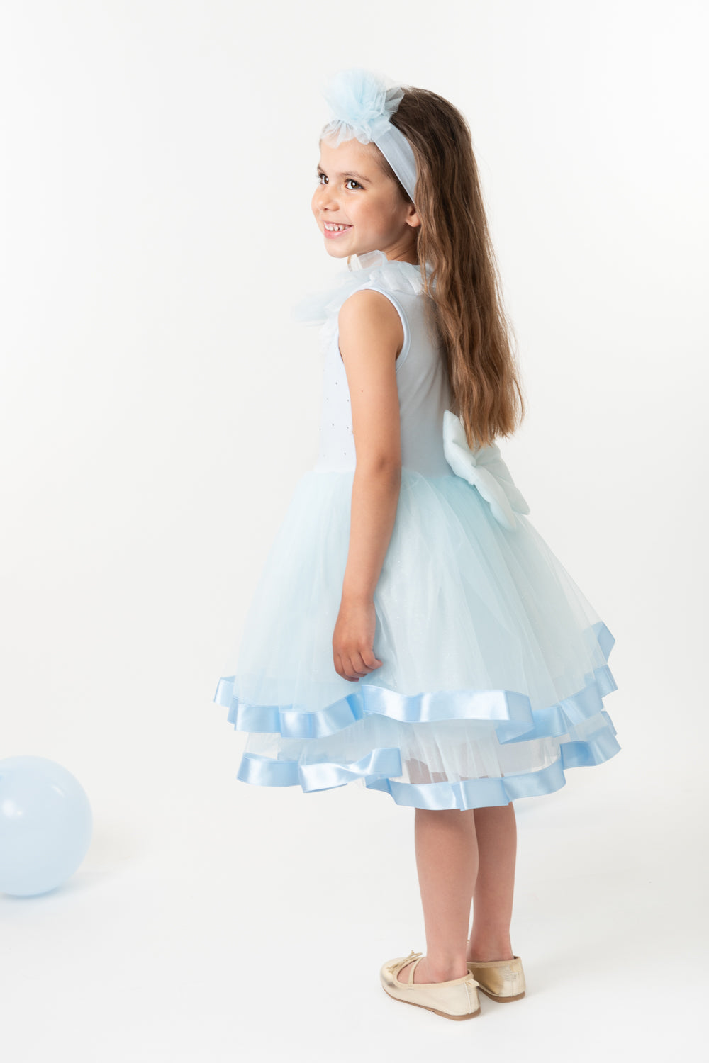 Sky Blue Tulle Dress with Satin Trim and Diamantes