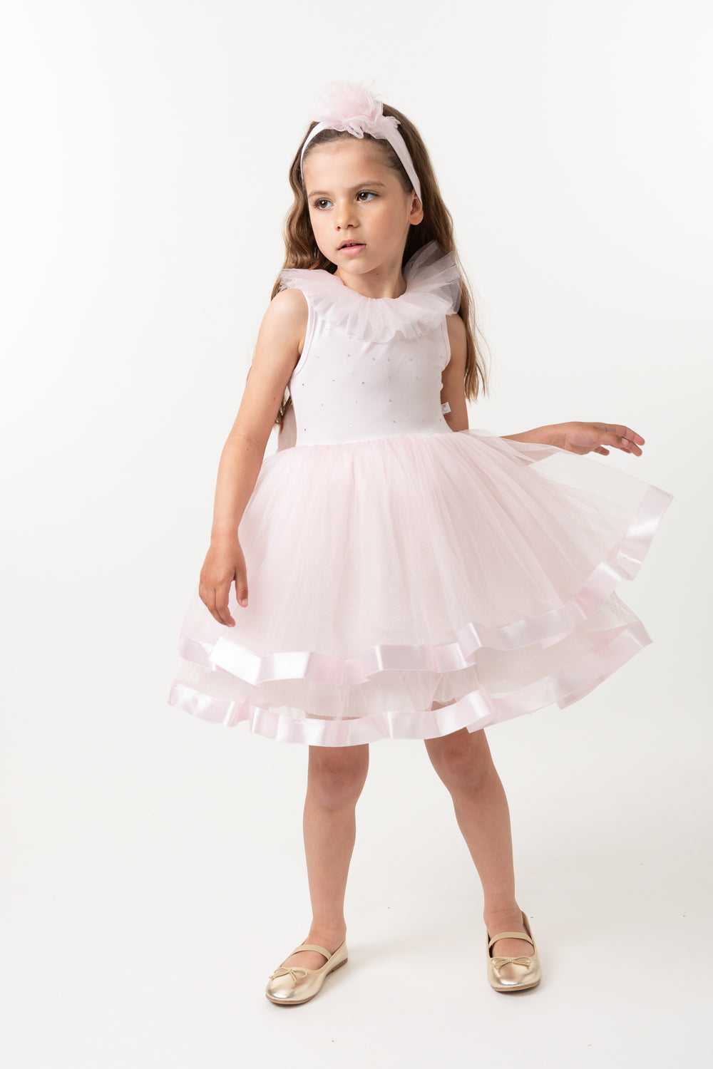 Pink Tulle Dress with Satin Trim and Diamantes