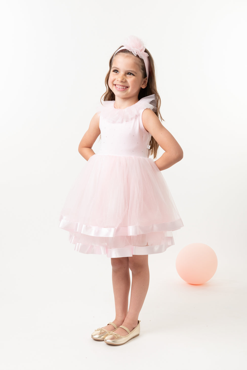 Pink Tulle Dress with Satin Trim and Diamantes