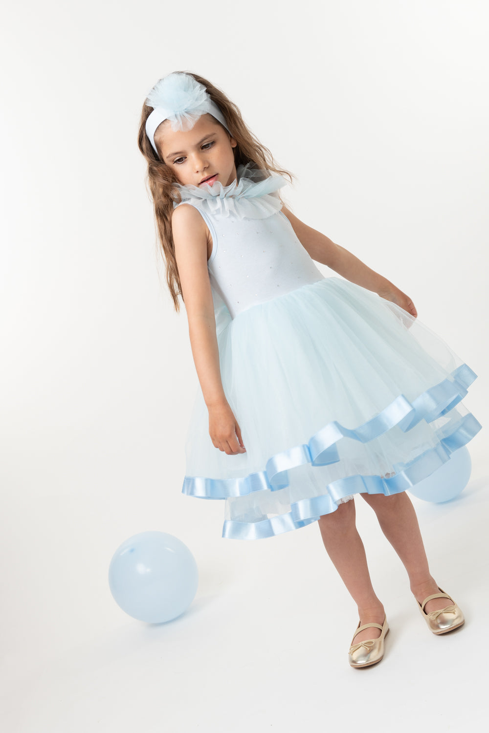 Sky Blue Tulle Dress with Satin Trim and Diamantes