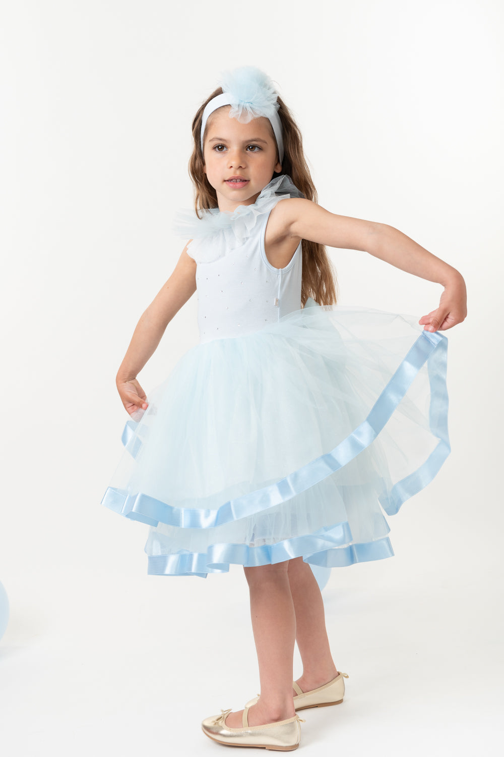 Sky Blue Tulle Dress with Satin Trim and Diamantes