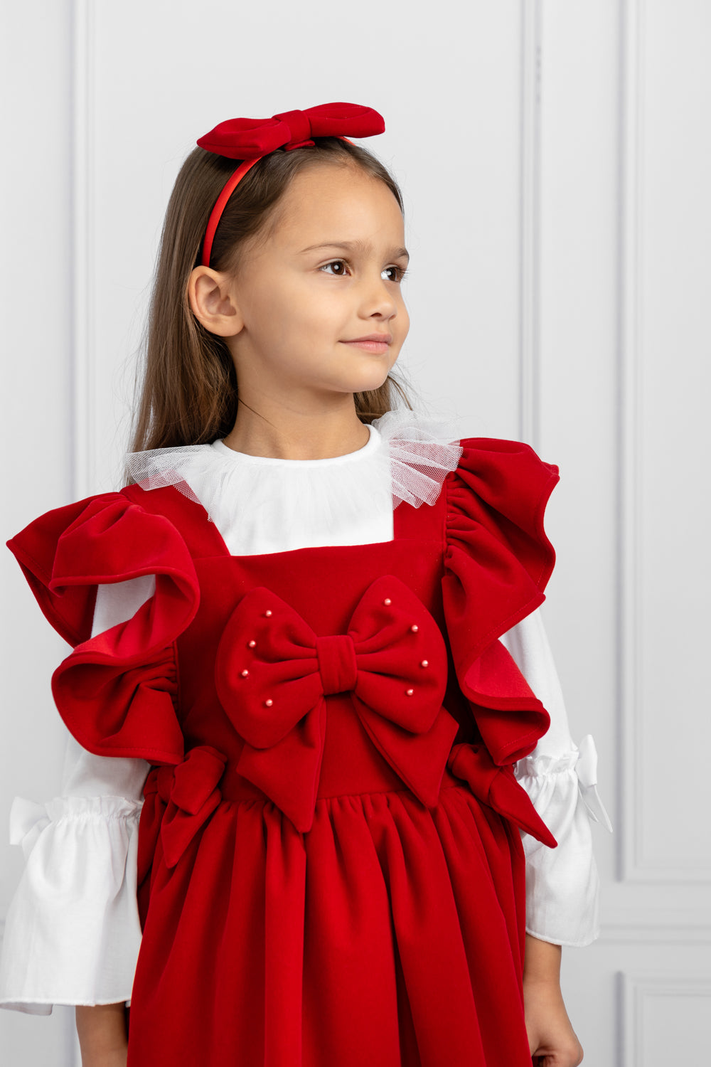 Red Sleeveless Pinafore Dress with Ruffles and Bow Headband Set