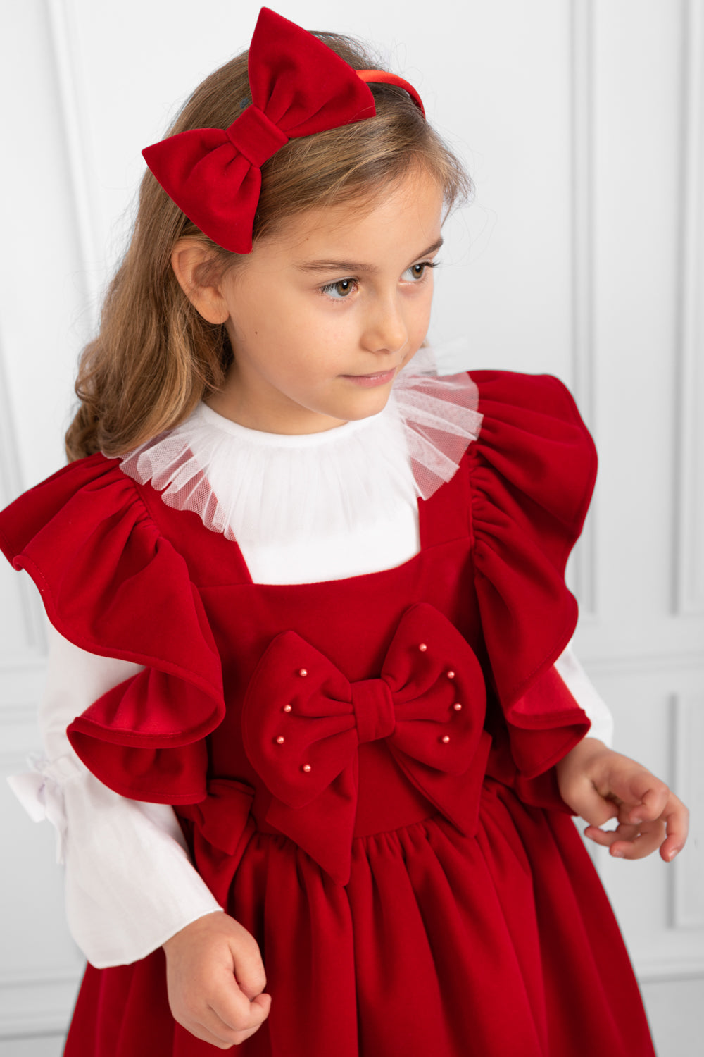 Red Sleeveless Pinafore Dress with Ruffles and Bow Headband Set