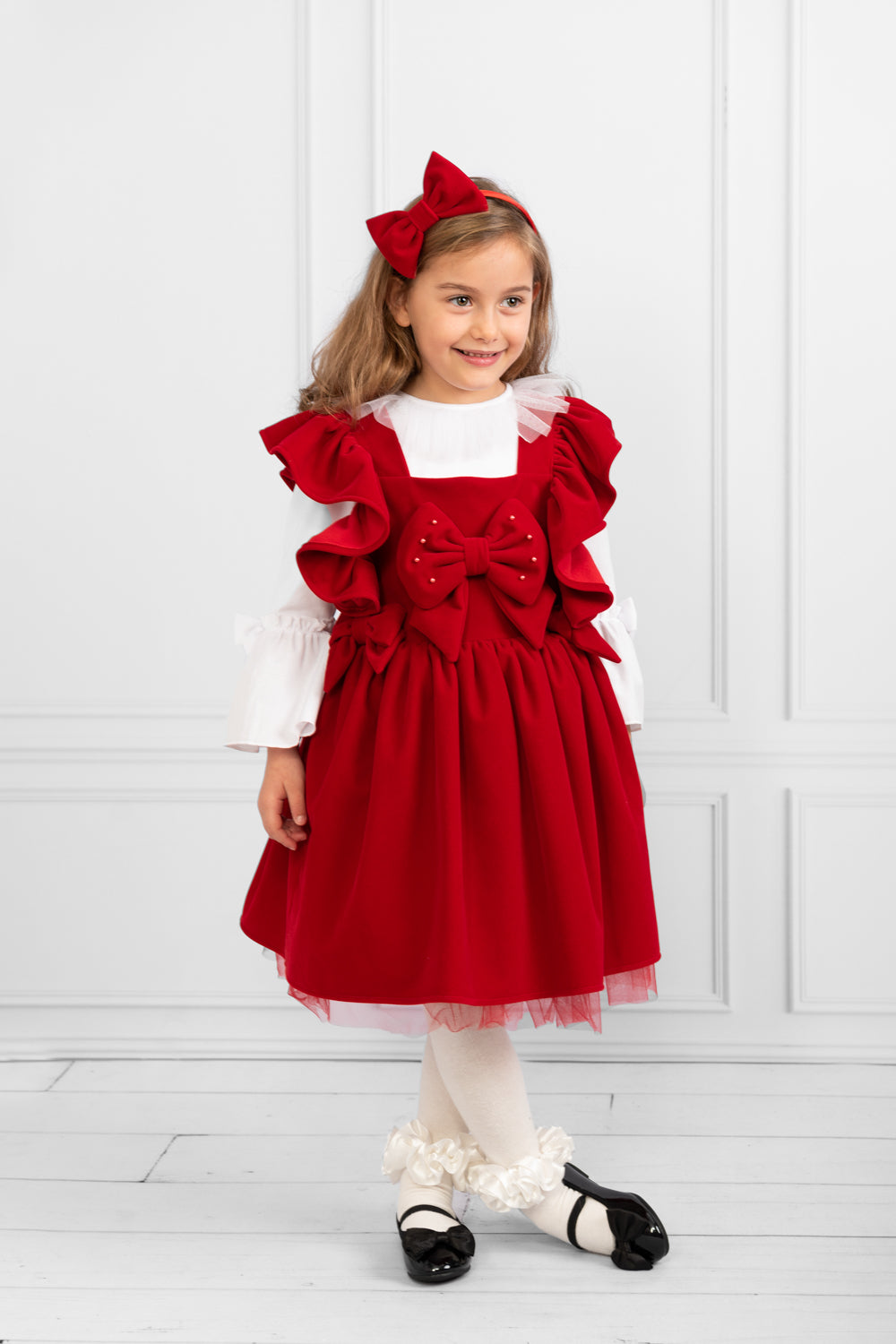 Red Sleeveless Pinafore Dress with Ruffles and Bow Headband Set