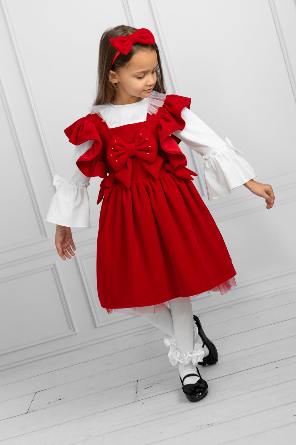 Red Sleeveless Pinafore Dress with Ruffles and Bow Headband Set