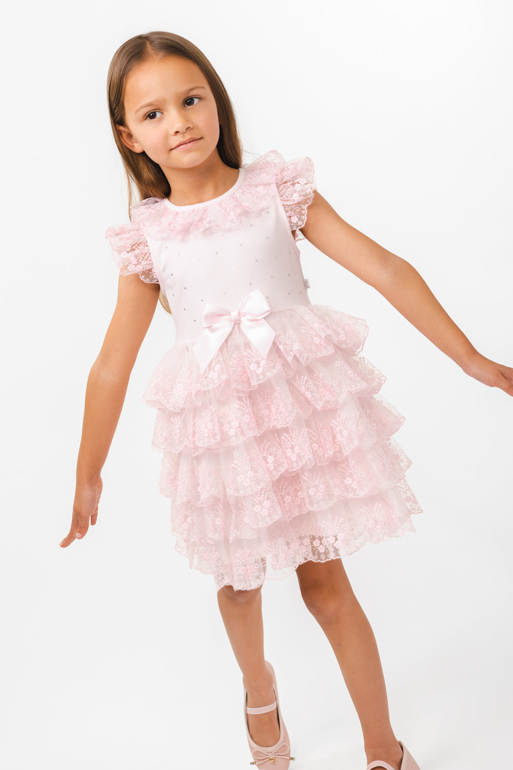 Pink Baby Lace Dress with Satin Bow and Headband