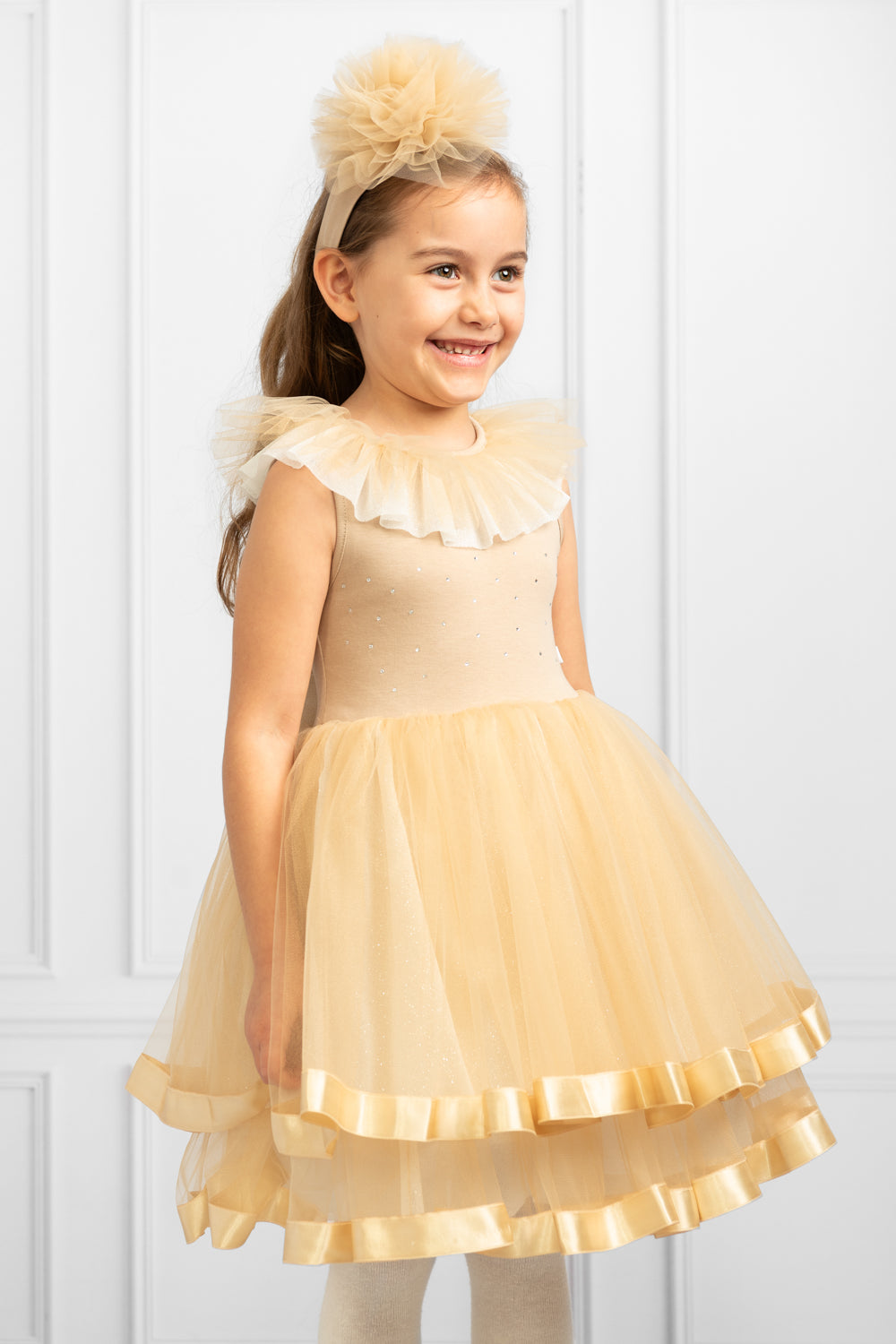 Mink Sleeveless Tulle Dress with Rhinestones and Matching Headband