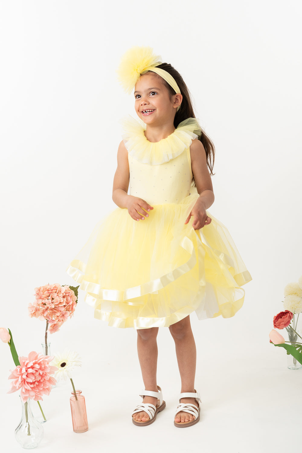 Lemon Dress with Headband and Tulle Ruffle Detail