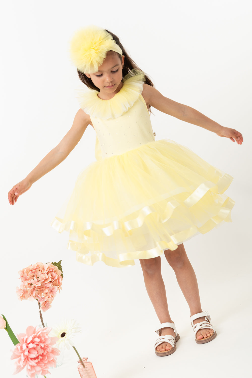 Lemon Dress with Headband and Tulle Ruffle Detail