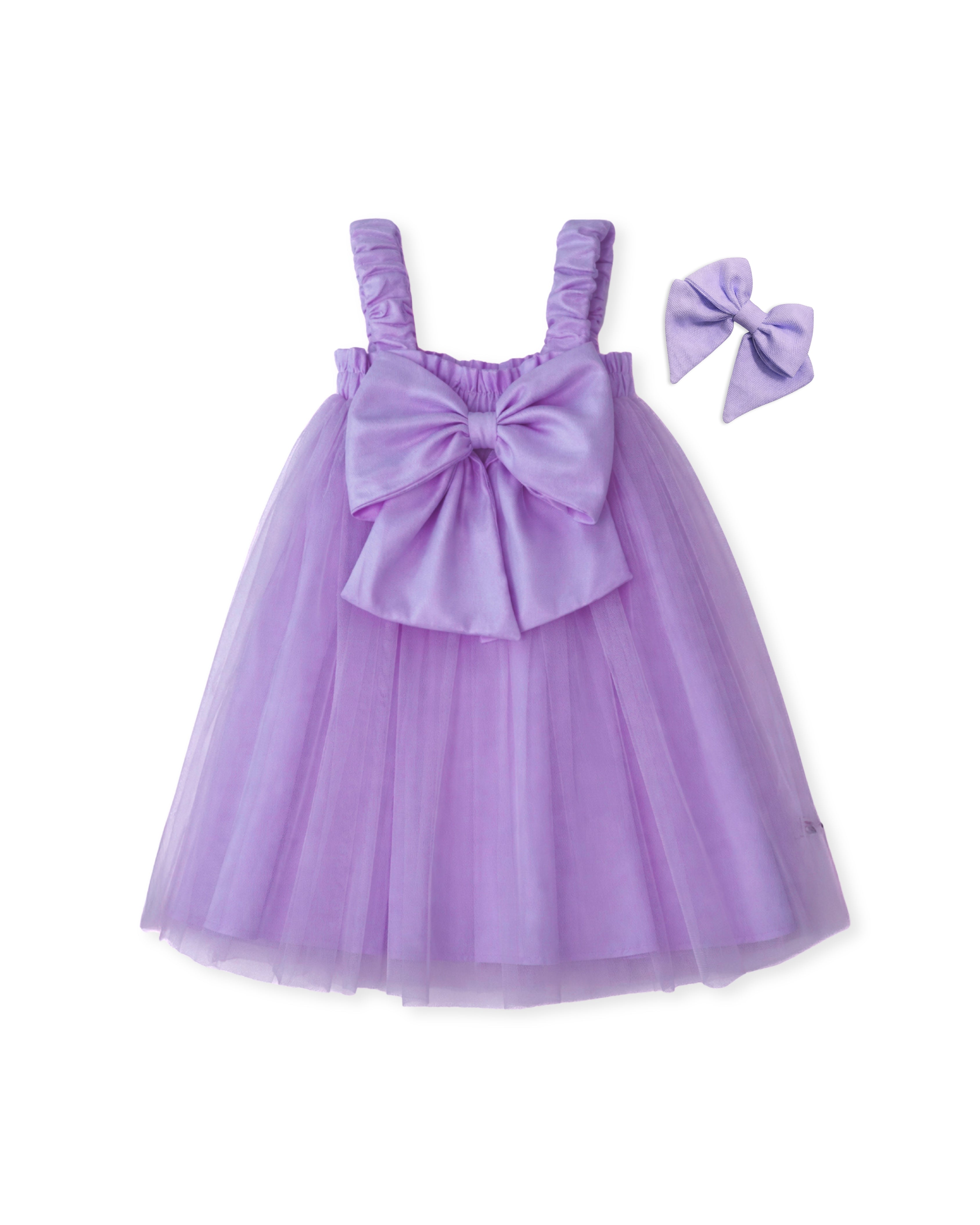 Lilac Oversized Bow Tulle Party Dress with Bow Hairpiece