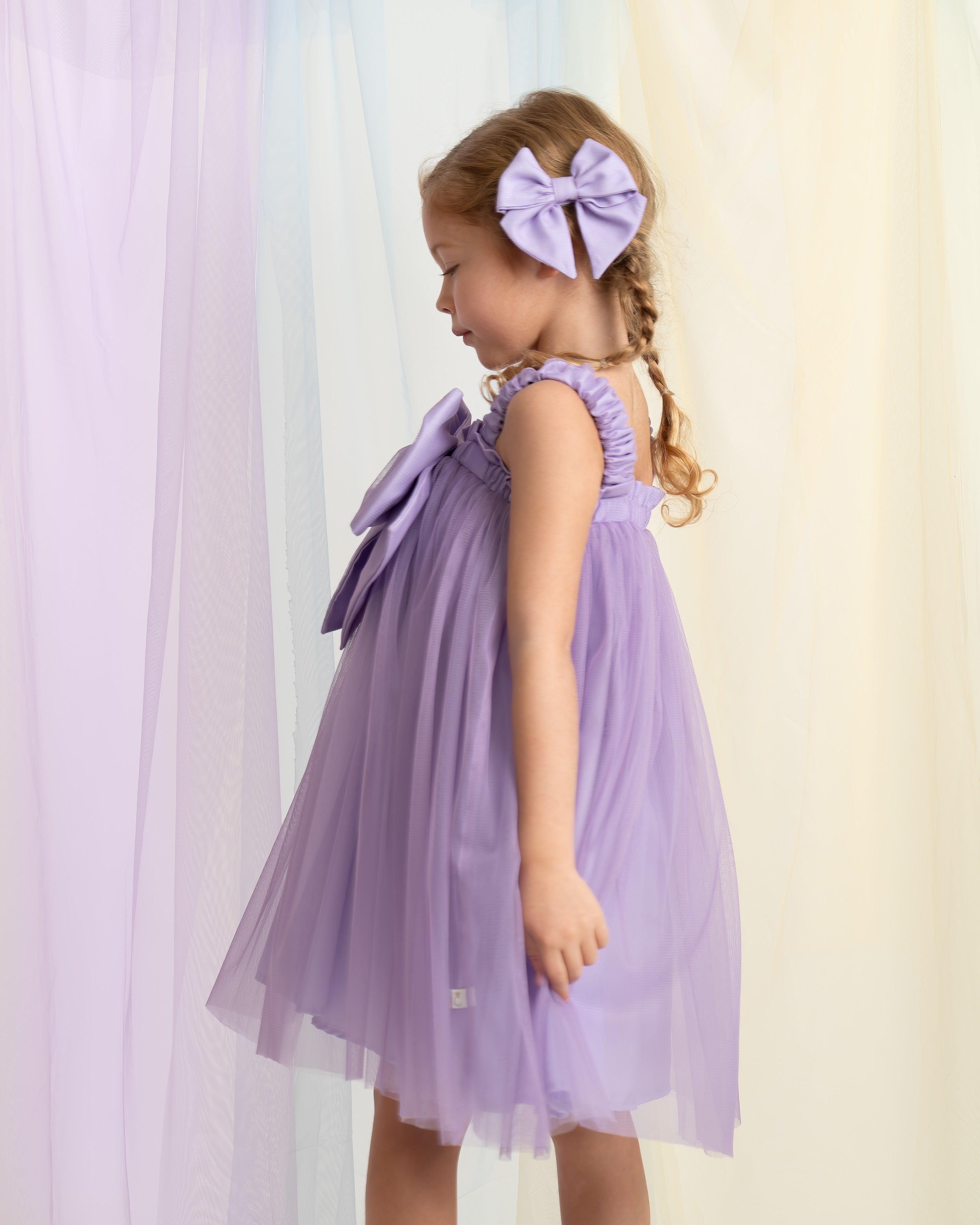 Lilac Oversized Bow Tulle Party Dress with Bow Hairpiece