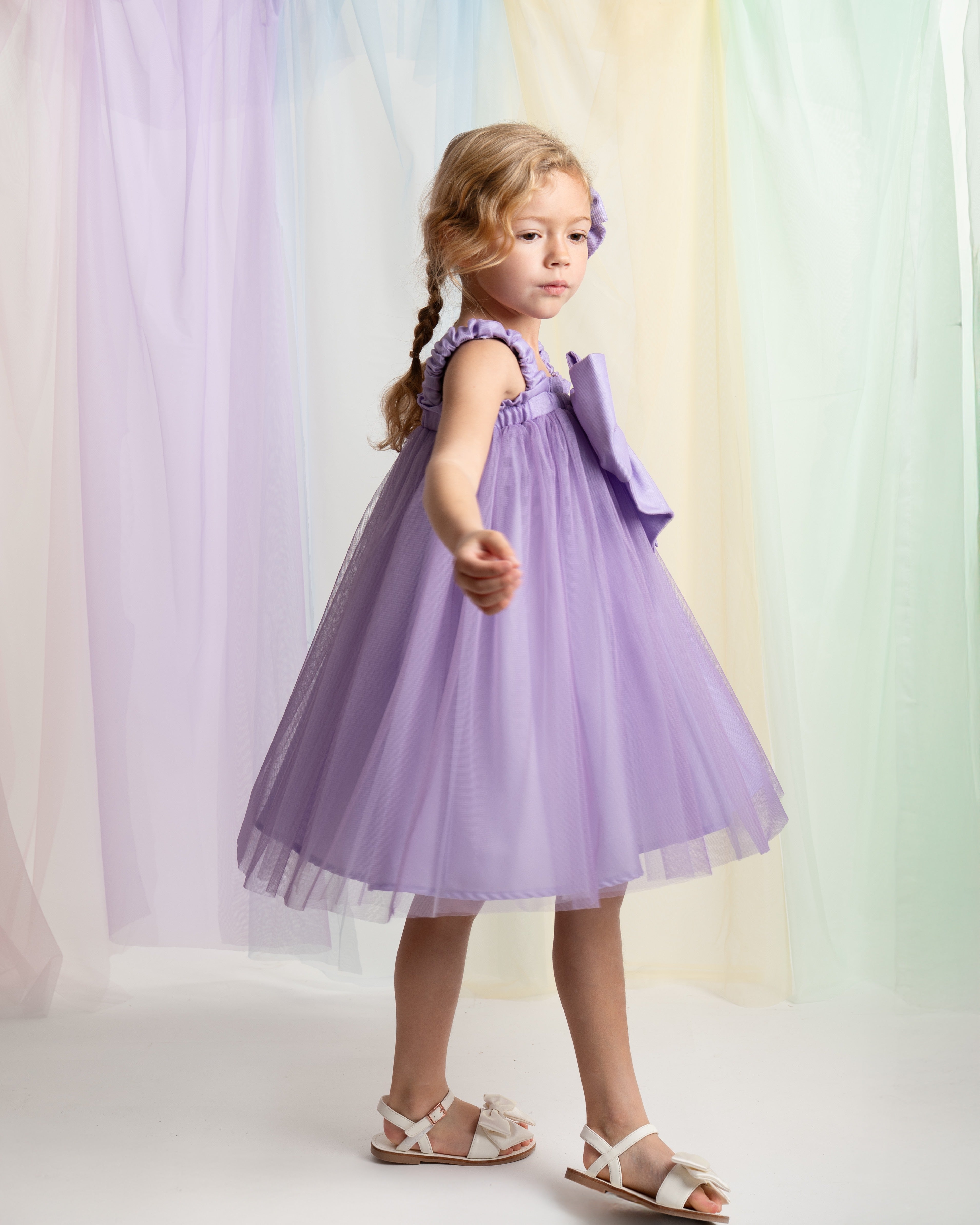Lilac Oversized Bow Tulle Party Dress with Bow Hairpiece