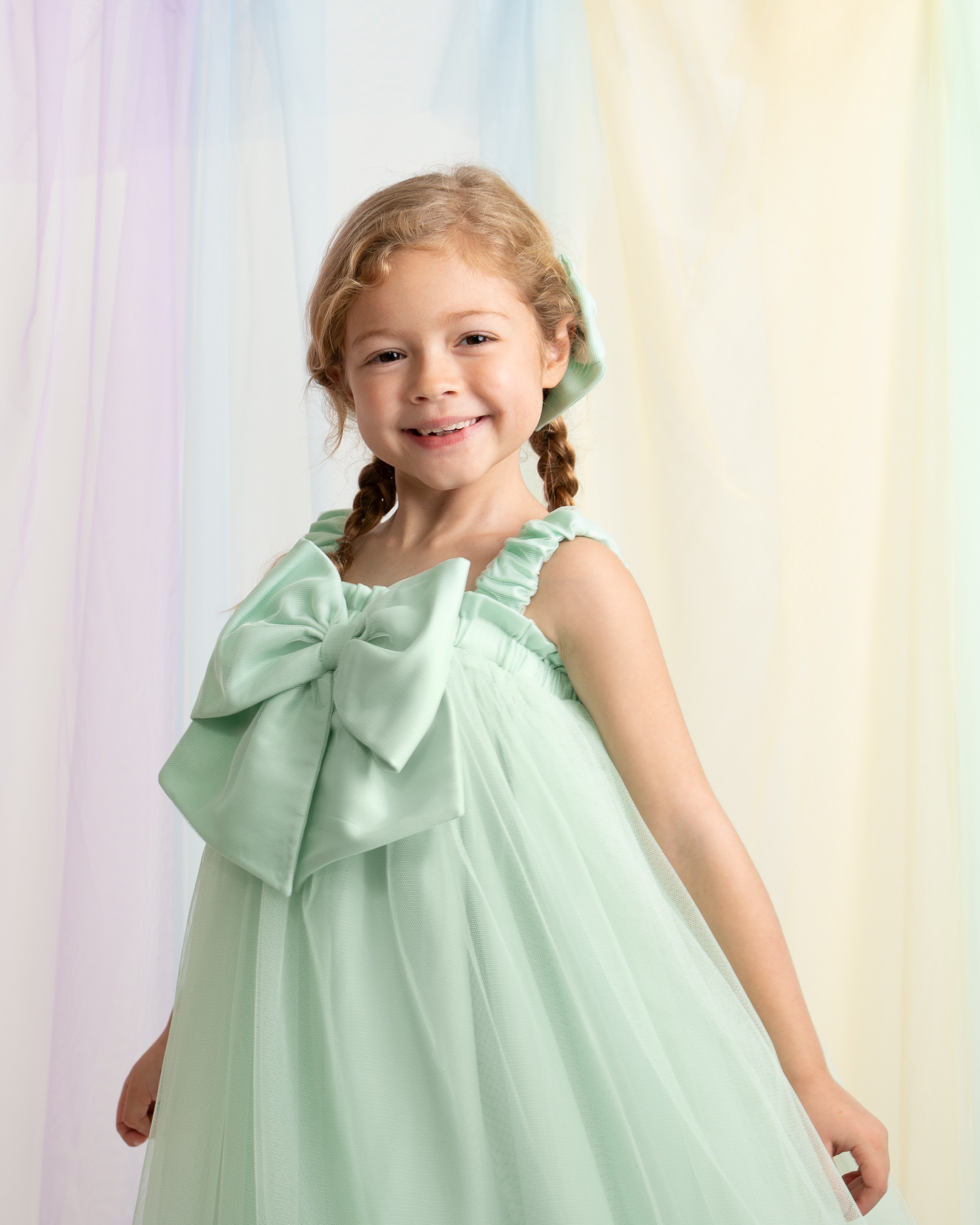 Mint Oversized Bow Tulle Party Dress with Bow Hairpiece