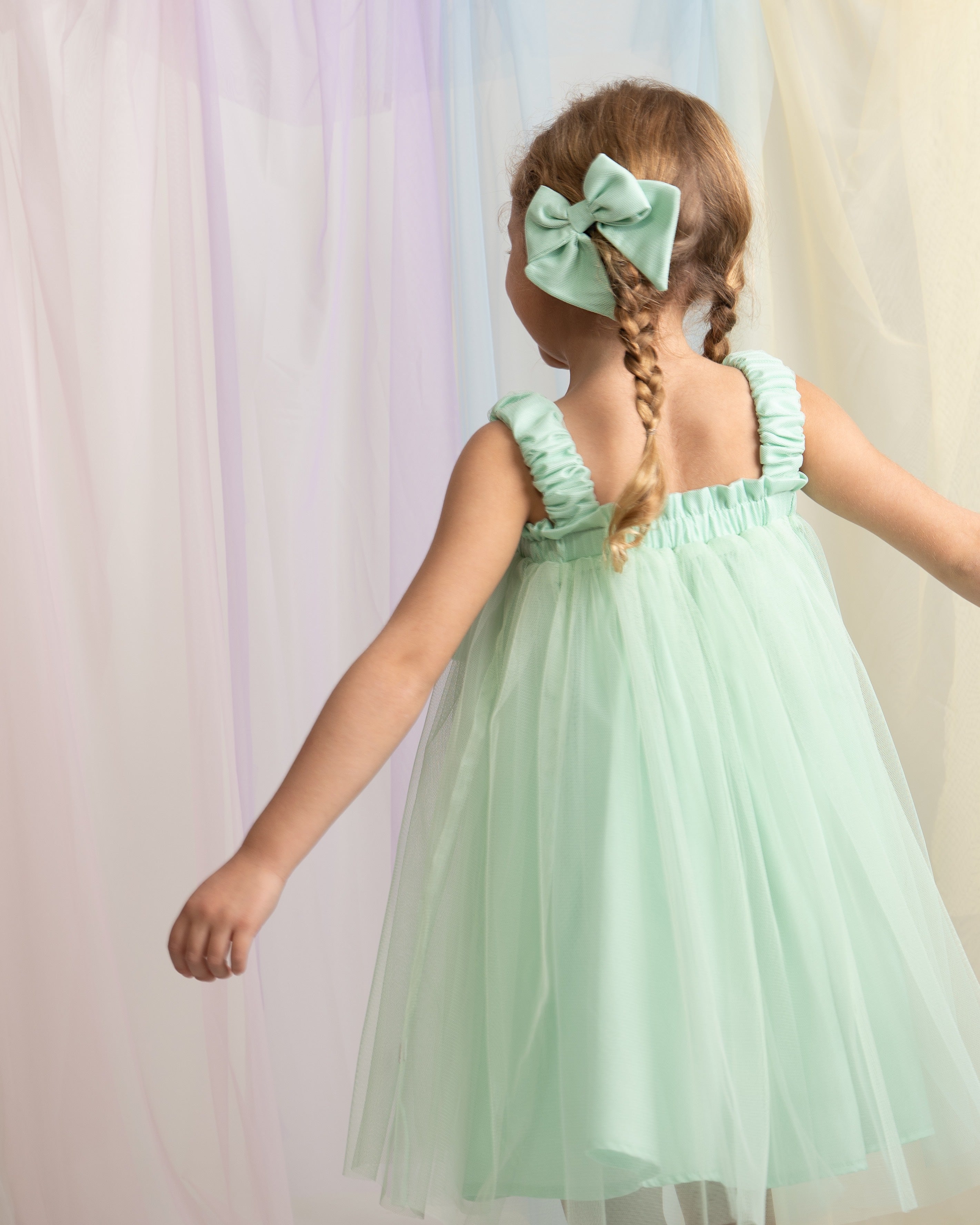 Mint Oversized Bow Tulle Party Dress with Bow Hairpiece
