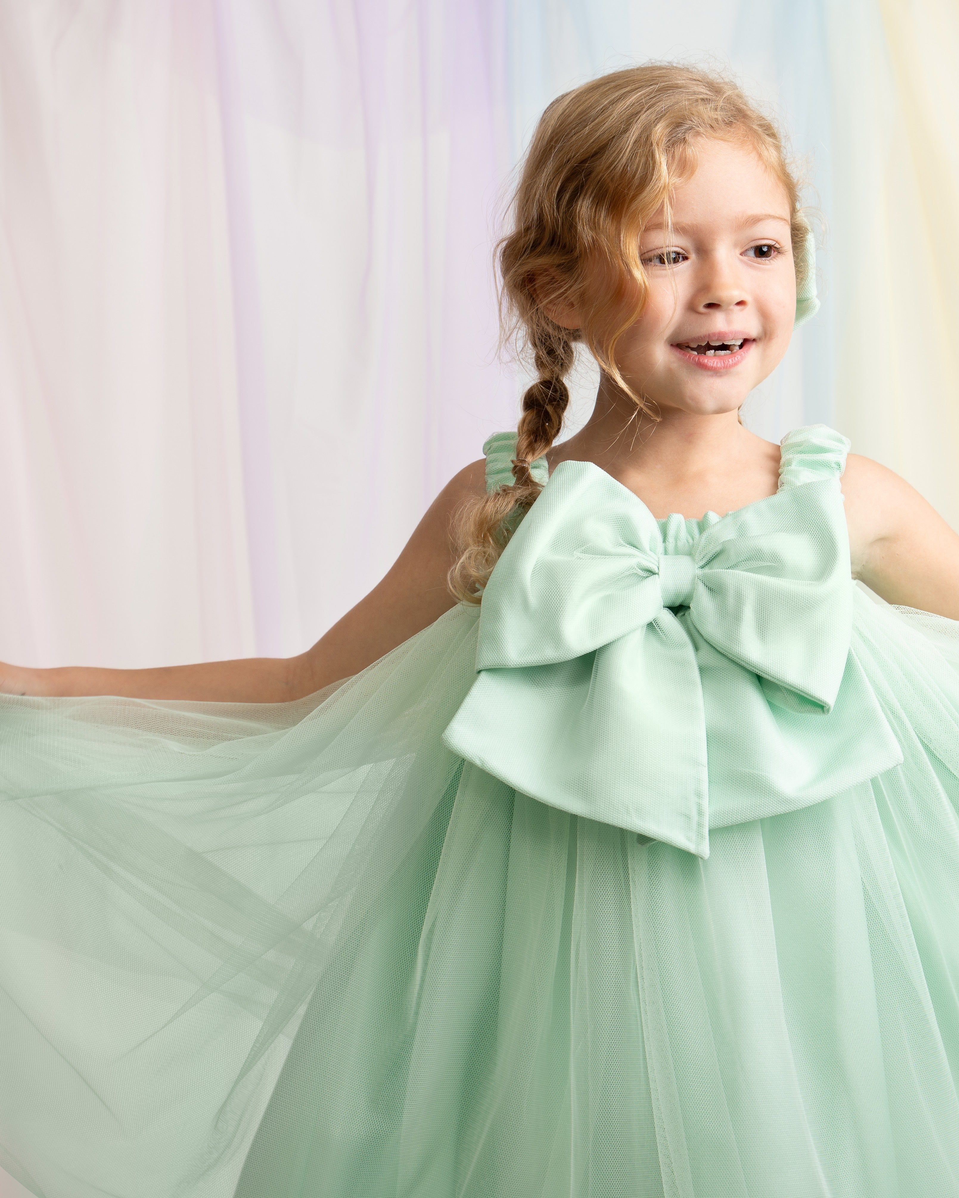 Mint Oversized Bow Tulle Party Dress with Bow Hairpiece