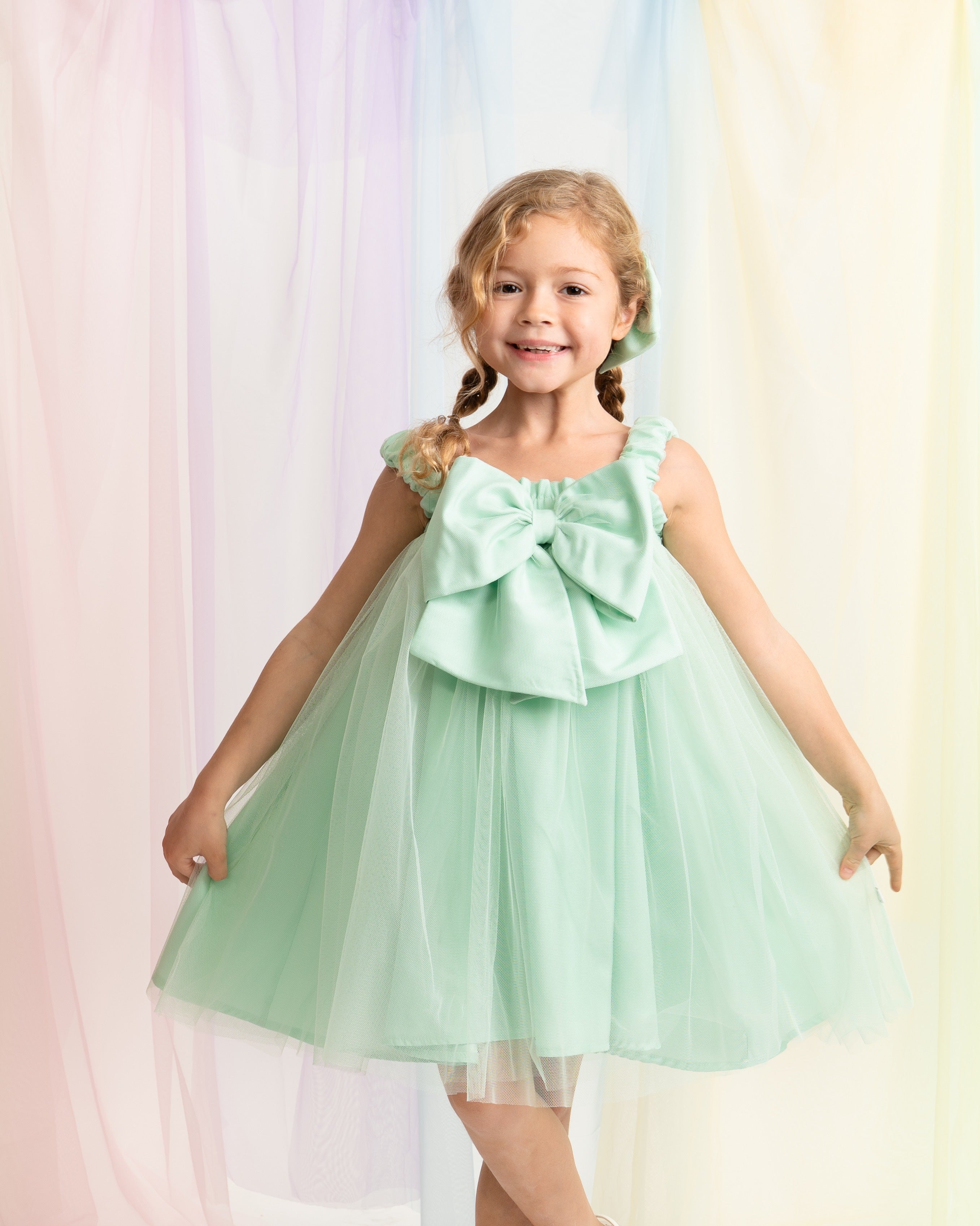 Mint Oversized Bow Tulle Party Dress with Bow Hairpiece