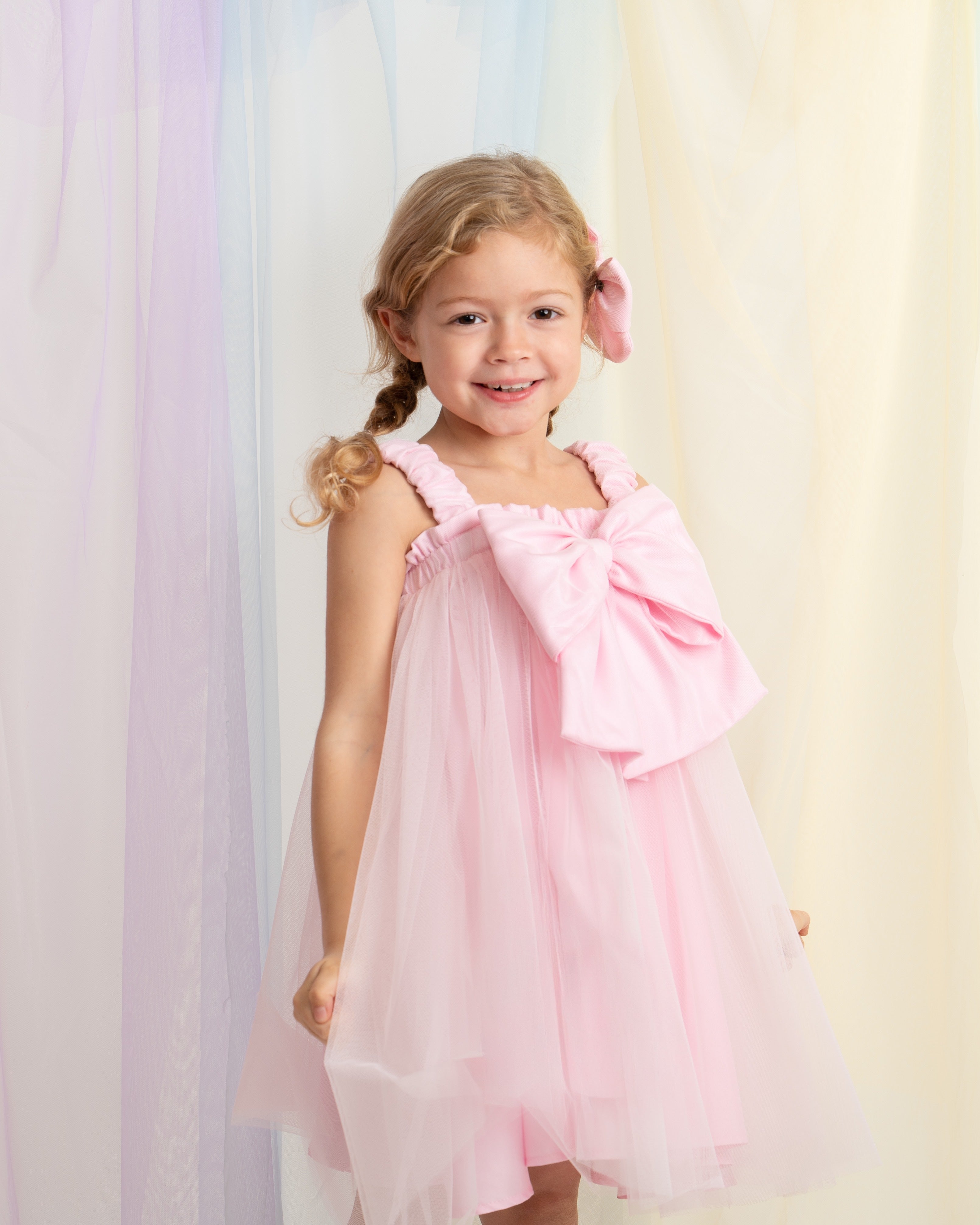 Pink Oversized Bow Tulle Party Dress with Bow Hairpiece