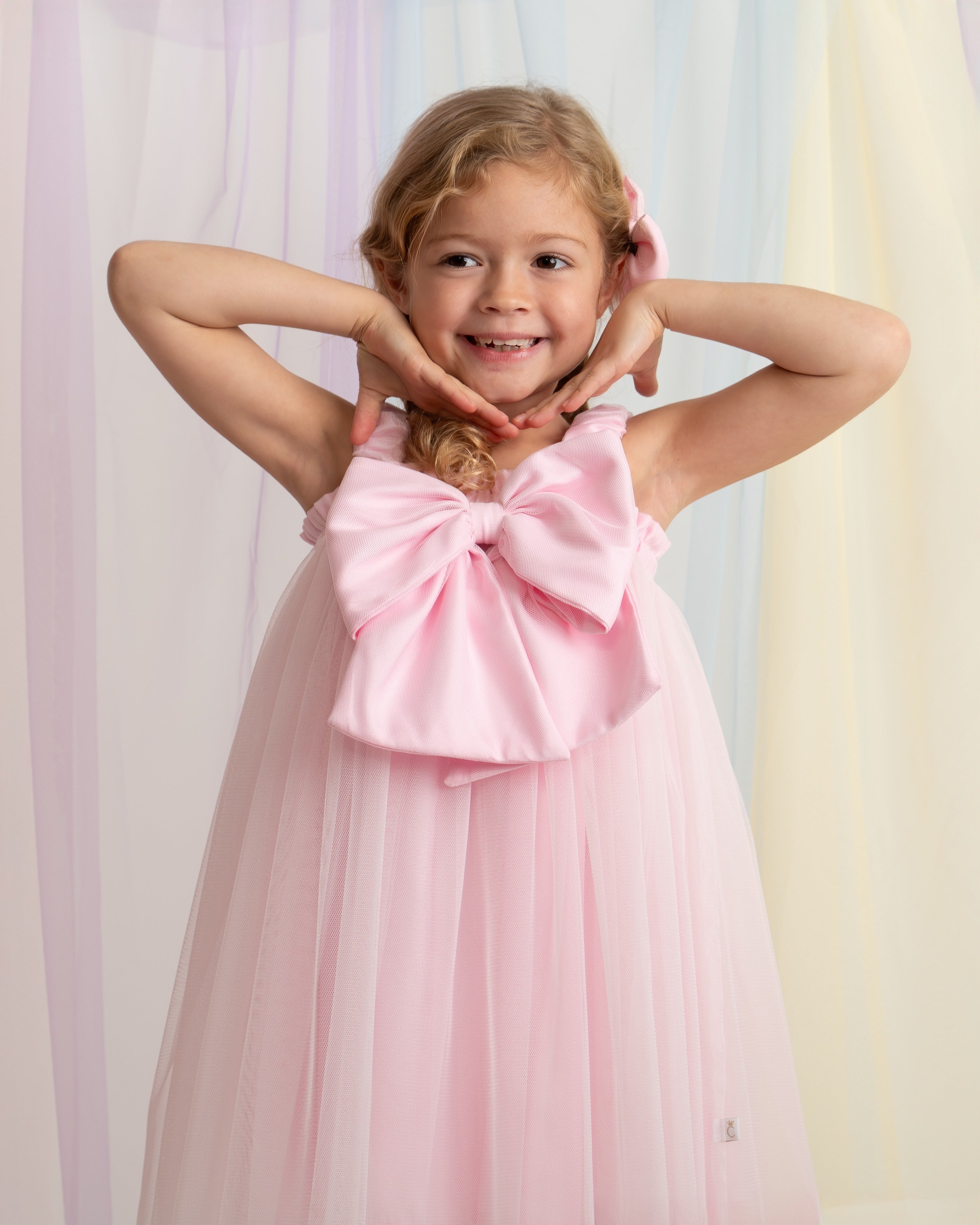 Pink Oversized Bow Tulle Party Dress with Bow Hairpiece