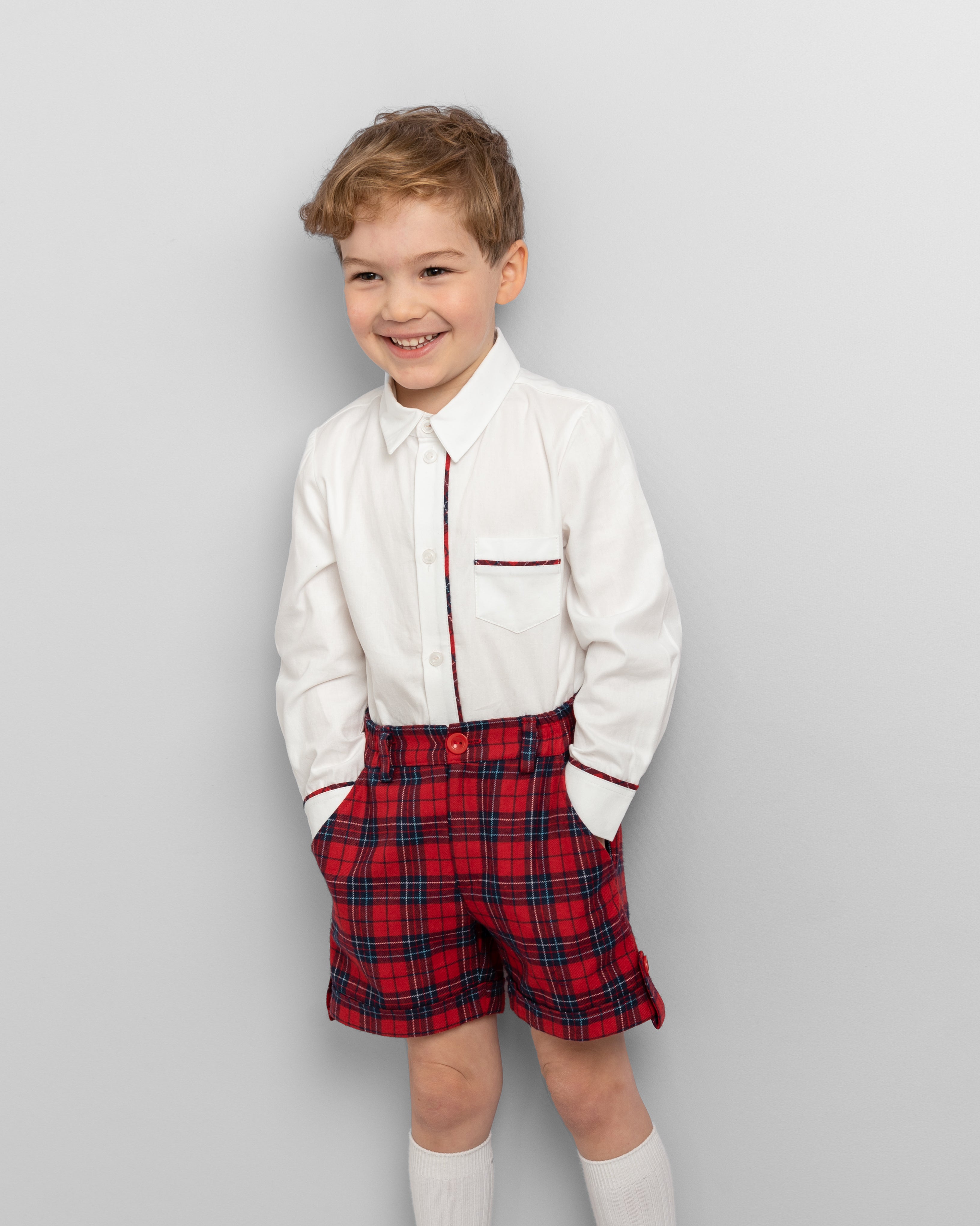 Boys Tartan Shirt and Shorts Set with Red Button Details