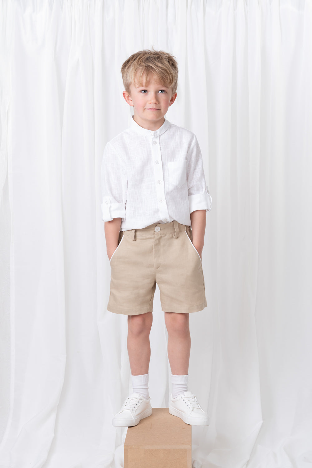 Summer Fete Beige Boys' Linen Blend Shorts Set