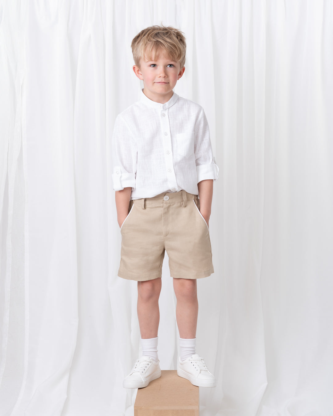 Summer Fete Beige Boys' Linen Blend Shorts Set